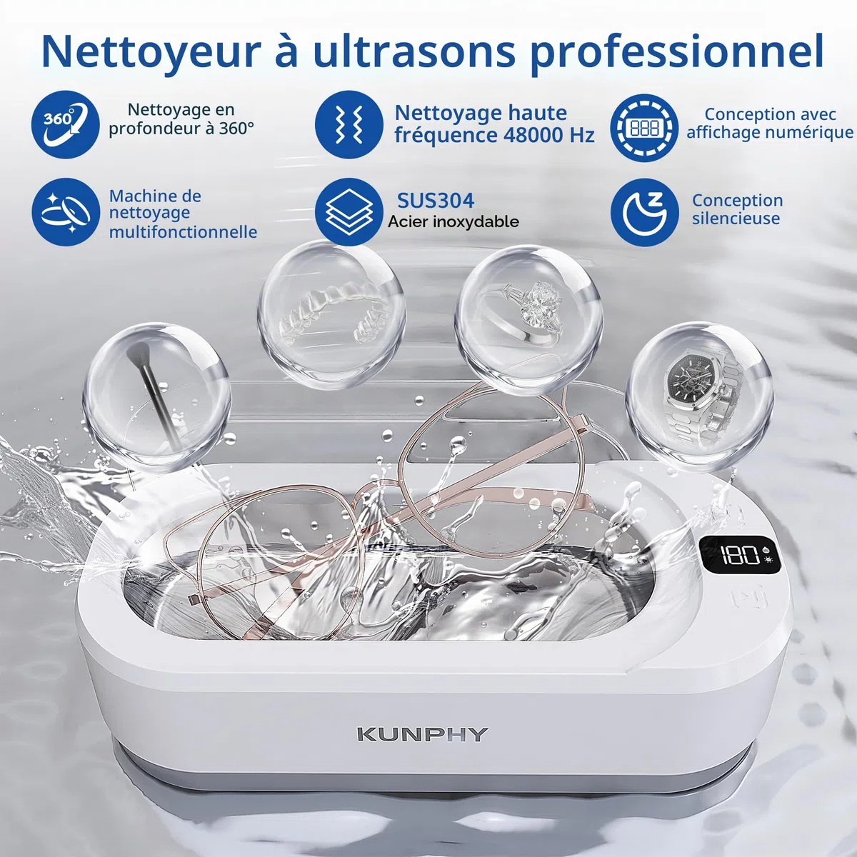 Kunphy Nettoyeur ultrasons, 48000 Hz Nettoyeur à Ultrasons 350 ML avec minuterie numérique, Ultrasonic Cleaner pour lunettes, bijoux, attelles dentaires, pièces de monnaie