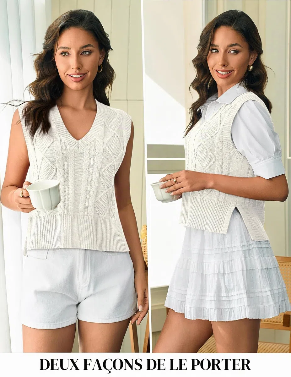 Tongmingyun Pull sans manches pour femme - Col en V - Tricot basique - Couleur unie - Pour le travail et les loisirs
