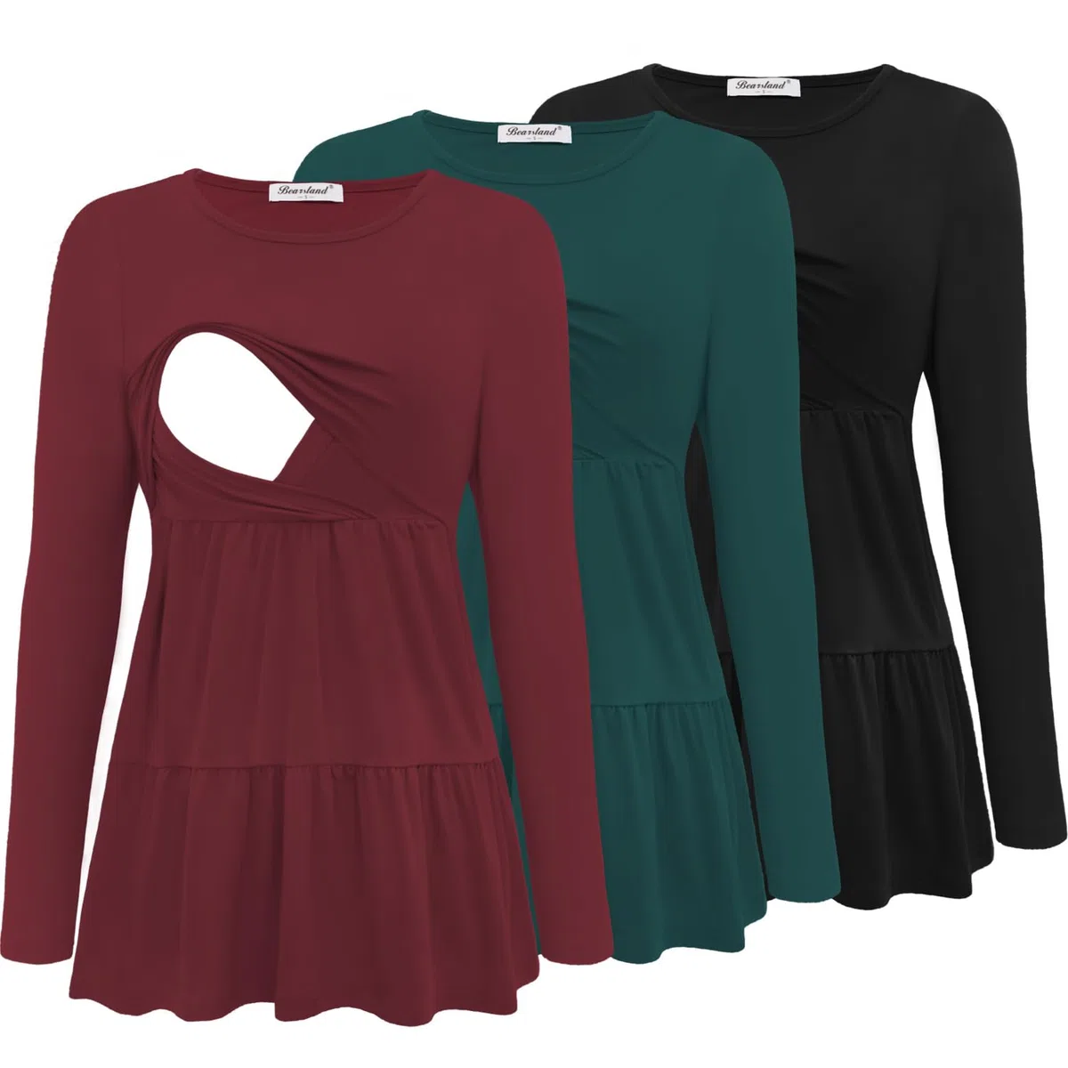 Bearsland Lot de 3 Haut d'allaitement pour Femme Manches Longues Col Rond Chemise d'allaitement