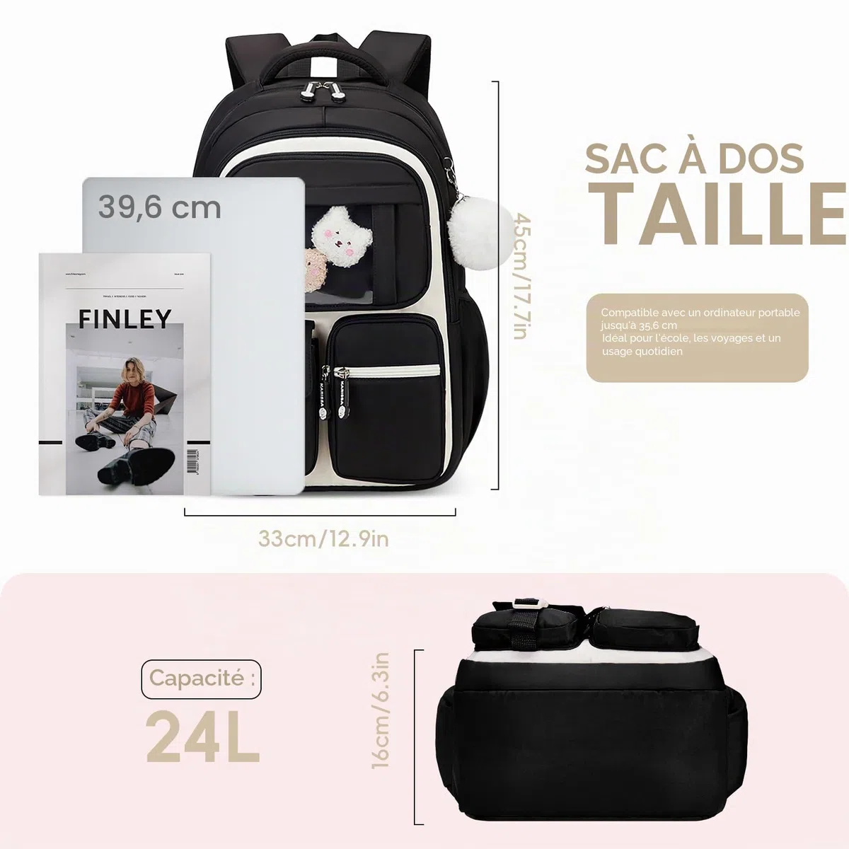 Amythe Cartable Fille Primaire, Sac à Dos Respirant pour Filles CP CE1 CE2 CM1 CM2, Sac Ecole Décontracté pour les Enfants de l'école Primaire au Collège, Noir