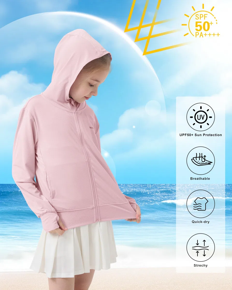 Rolanko Veste Fille à Manches Longues Protection Estivale Contre les Rayons UV Capuche à Séchage Rapide Avec Trous pour Les Pouce pour Enfants