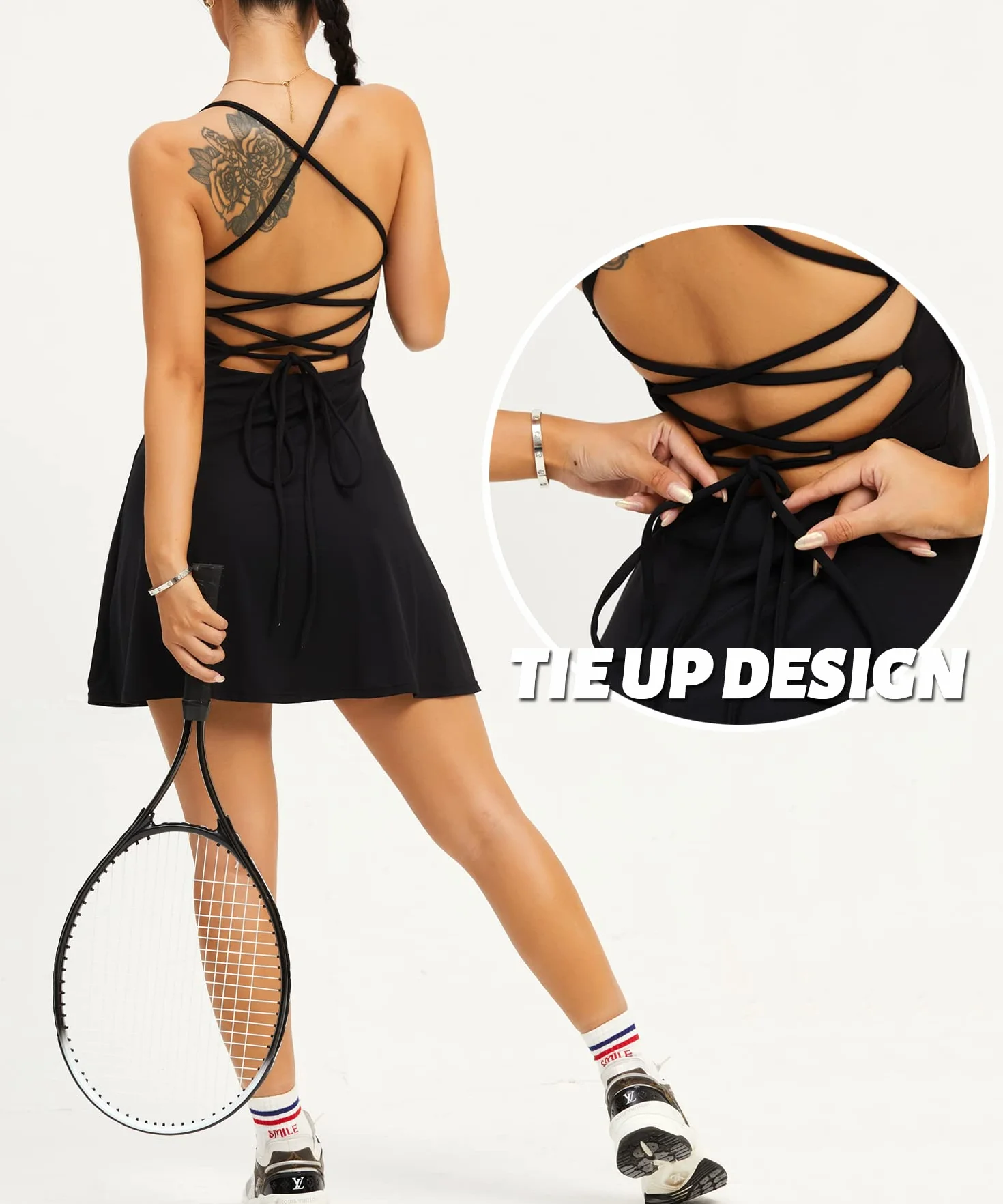 Navneet Robe de tennis pour femme - Avec pantalon - Dos nu - Rembourrée