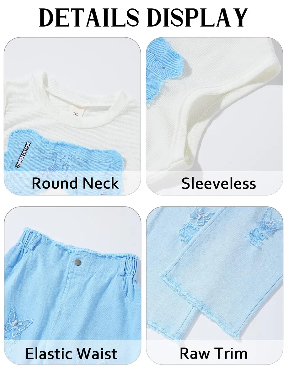 SEAUR Ensembles Fille Débardeur et Jean 2 Pièces Été Crop Tank Top et Pantalon Ensembles de Vêtements Enfant 110-160 CM (3-12 Ans)