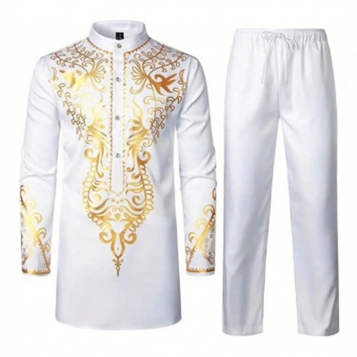 Tenue 2 Pièces pour Homme, Tunique Traditionnelle à Motif Doré et Pantalon, Costume ethnique