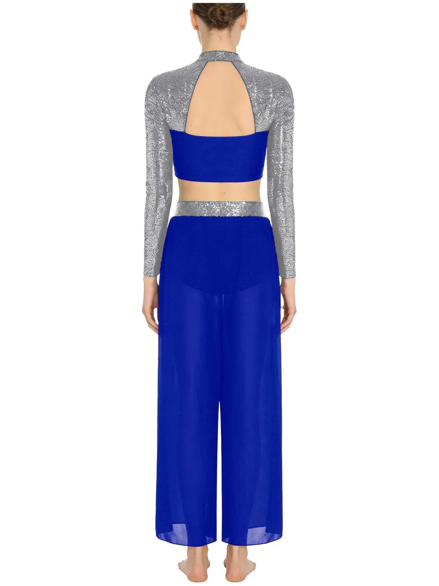 Femme Robe Danse Lyrique Contemporaine Latin Dance Costume Crop Top Pantalon Large Combinaison Gymnastique Rythmique avec Strass Paillettes Tenue Patinage Artistique