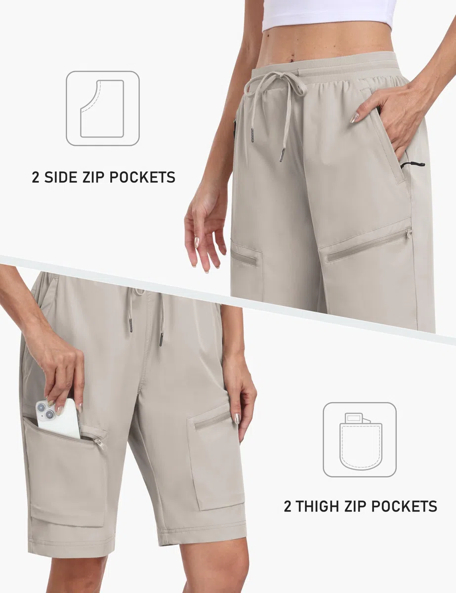 MoFiz Short Cargo Femme Bermuda d'extérieur Randonnée d'été Léger Pantalon Court à Séchage Rapide avec Cinq Poches Zippées