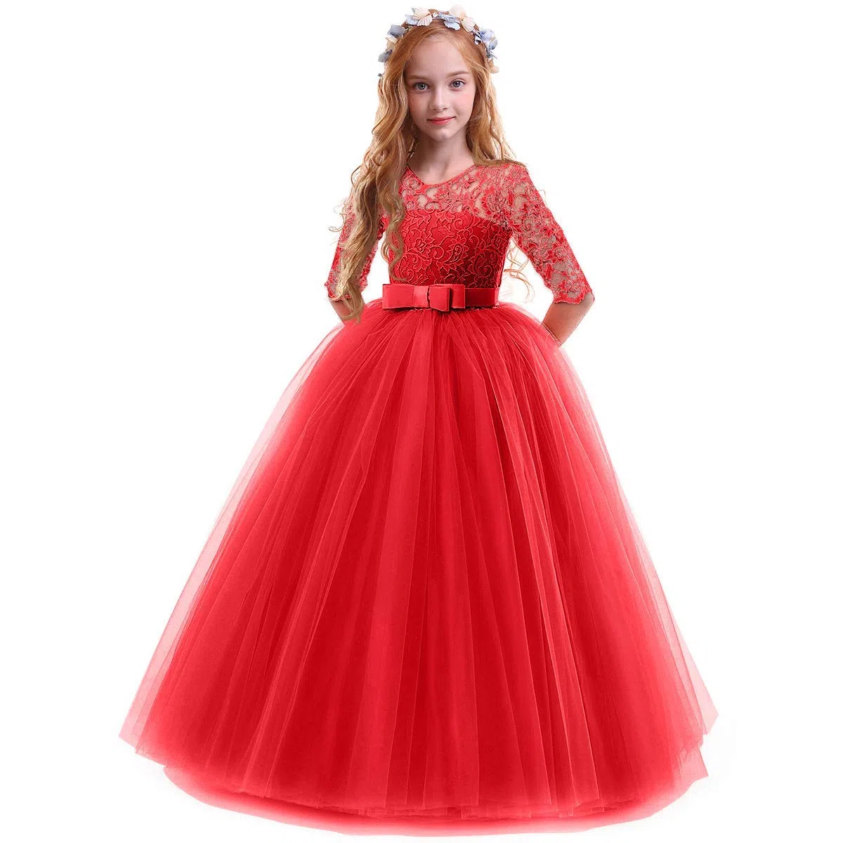 IWEMEK Enfants Fille Robe de Carnaval Princesse Longue en Dentelle avec Bowknot Demoiselle d'honneur Robe de Soirée Mariage Robe de Première Communion Anniversaire Fête Photographie 2-14 Ans