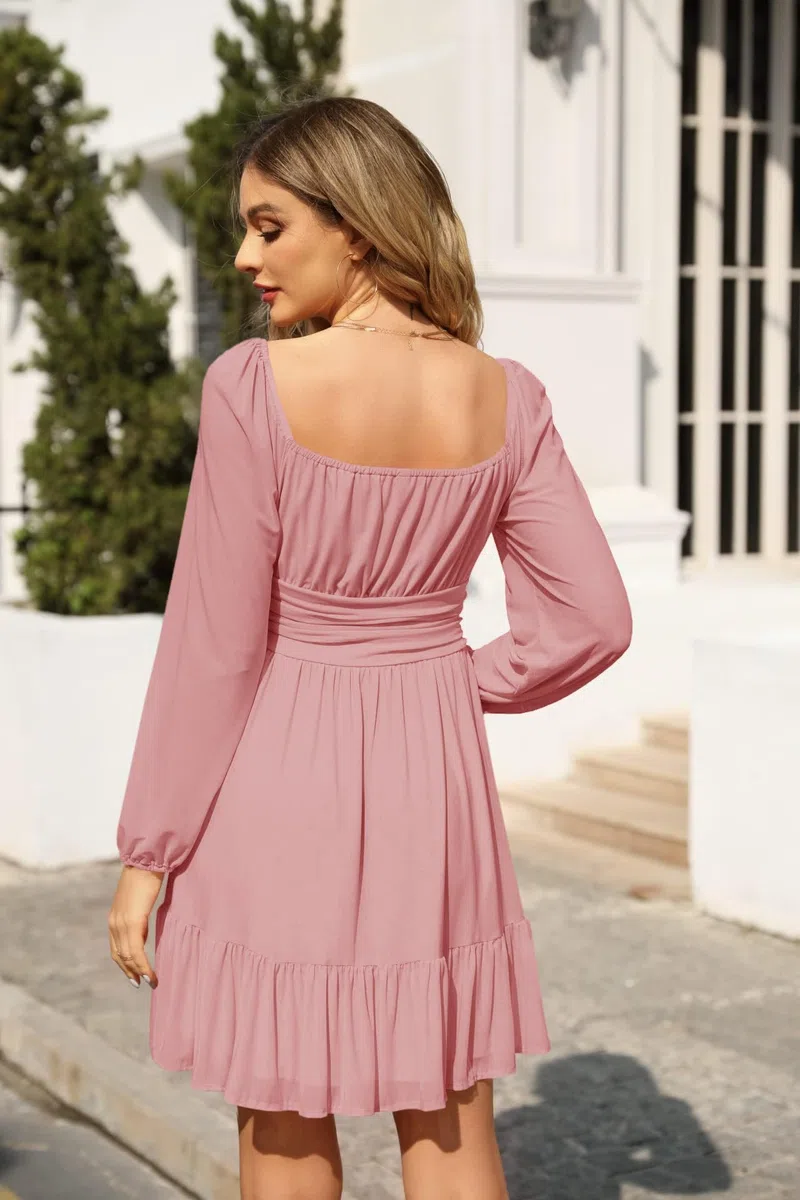 Imily Bela Robe de soirée pour femme - Col carré - Mini robe en maille - Taille haute - Plissée - Manches longues - Invité de mariage - Avec volants