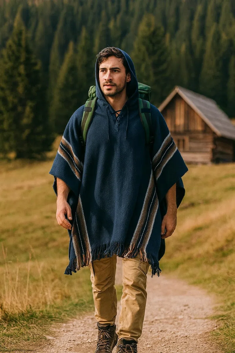 Gamboa Alpaga Poncho Homme à Capuche Mexicain Cape Manteau Lain Automne Hiver