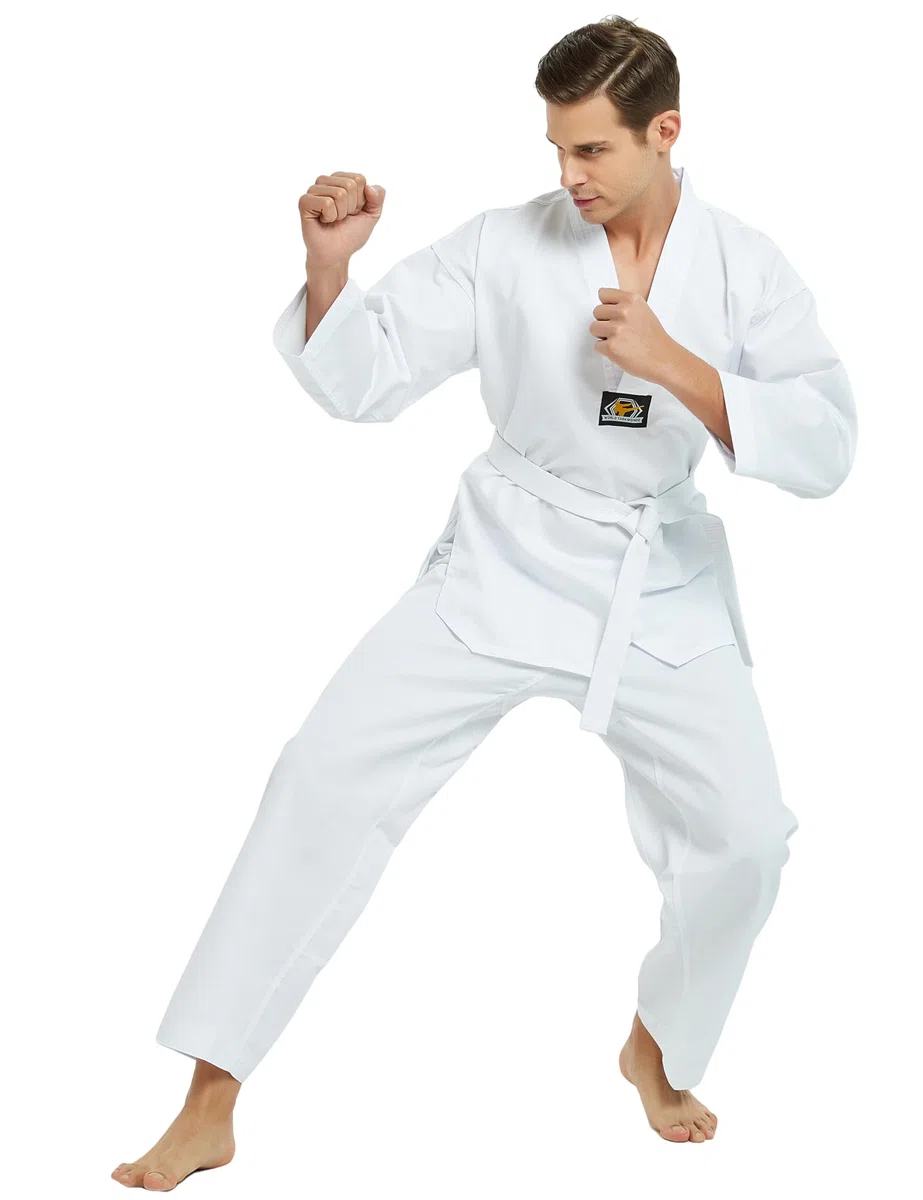 TOPTIE Uniforme de Taekwondo à col en V pour Enfants et Adultes, Uniforme d'étudiant TKD Dobok, Uniforme d'arts Martiaux avec Ceinture