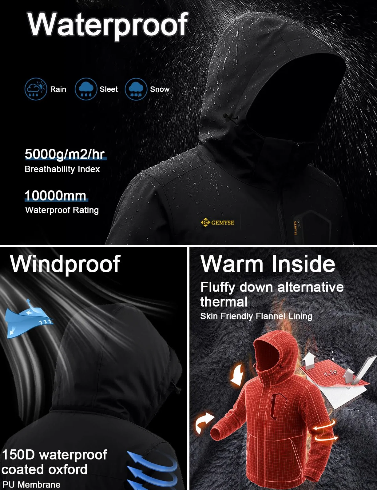 GEMYSE Homme Veste de Ski Imperméable de Montagne Manteau d'hiver Extérieur en Polaire Coupe-Vent avec Capuche(Noire,M)