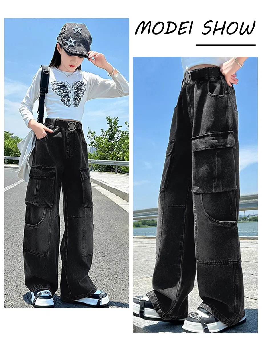 SEAUR Jeans Cargo Fille 5-16 Ans Mode Décontractés Y2K Pantalon en Demin Enfant Fille Jambe Large Jeans Ample Ados Fille