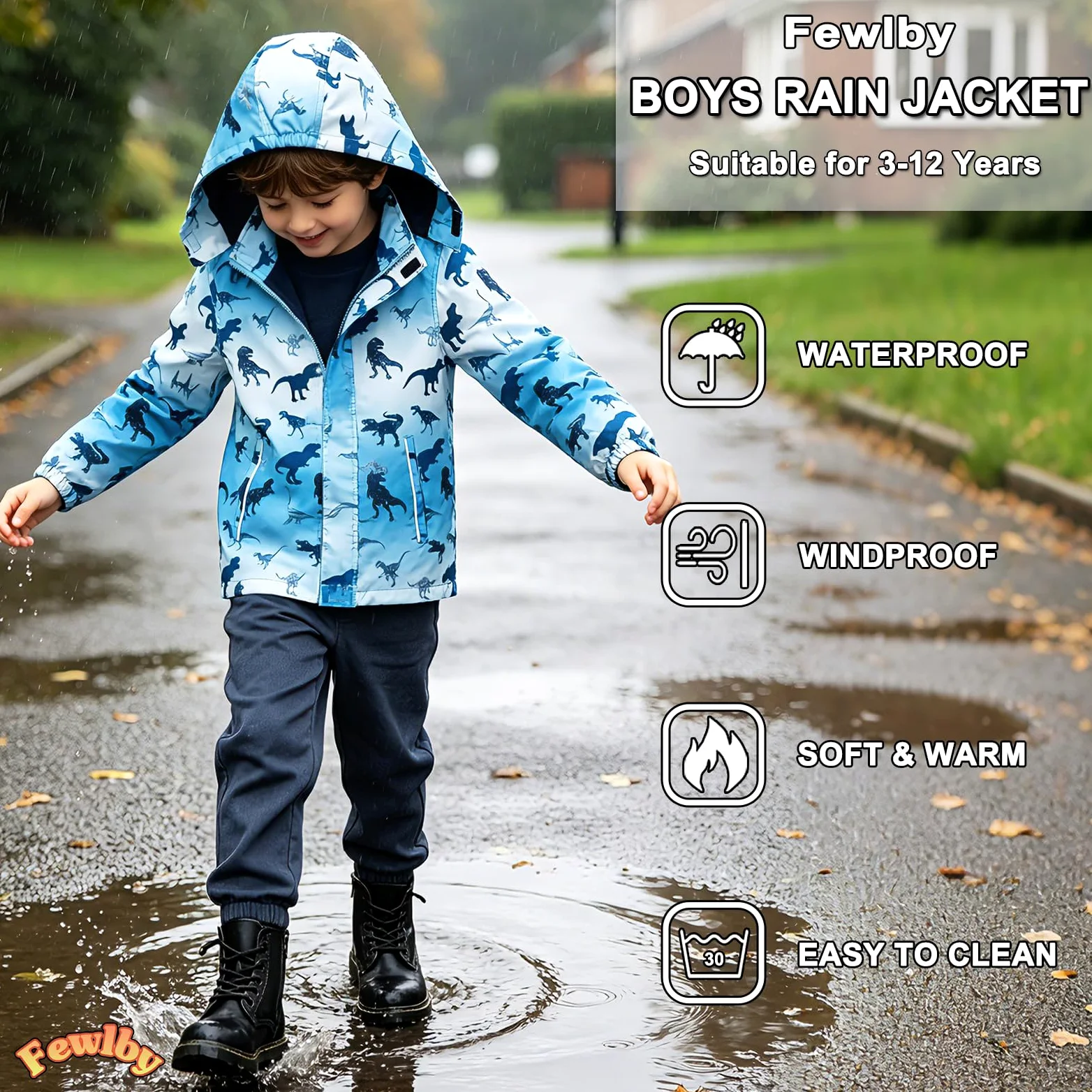 Fewlby Blouson Imperméable Enfants, Manteaux Imperméables à Capuche pour Garçon Veste de Pluie Coupe Vent Veste de Pluie Légère Printemps Automne 7-8 Ans
