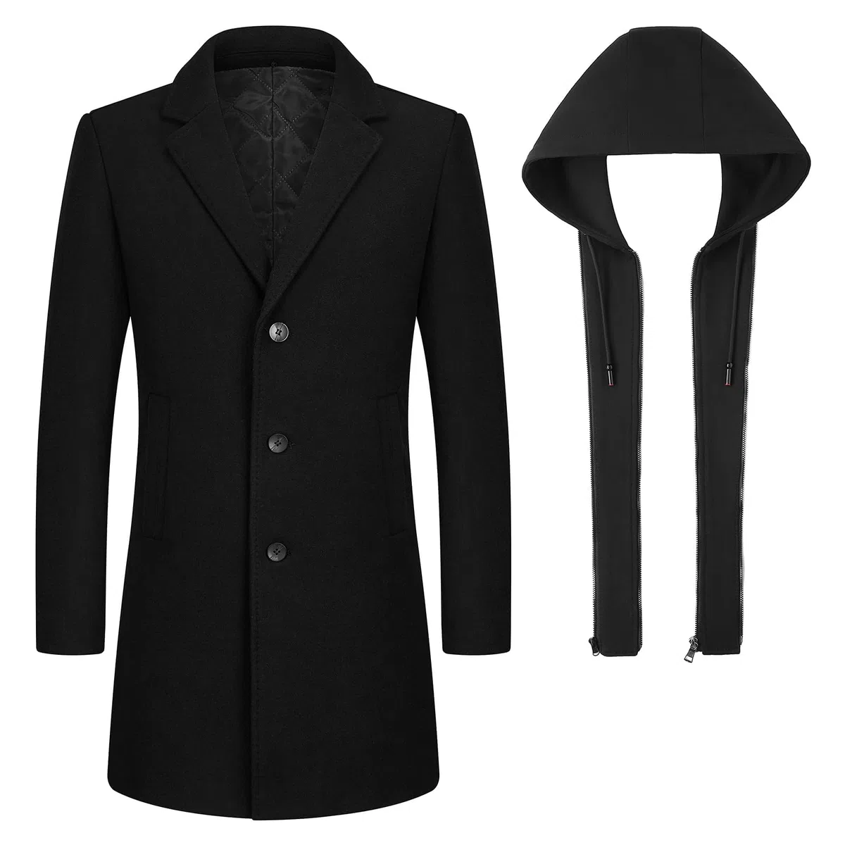 Manteau Homme en Laine à Capuche Amovible Chaud Long Trench-Coat pour Hiver Caban Parka Homme Slim Fit