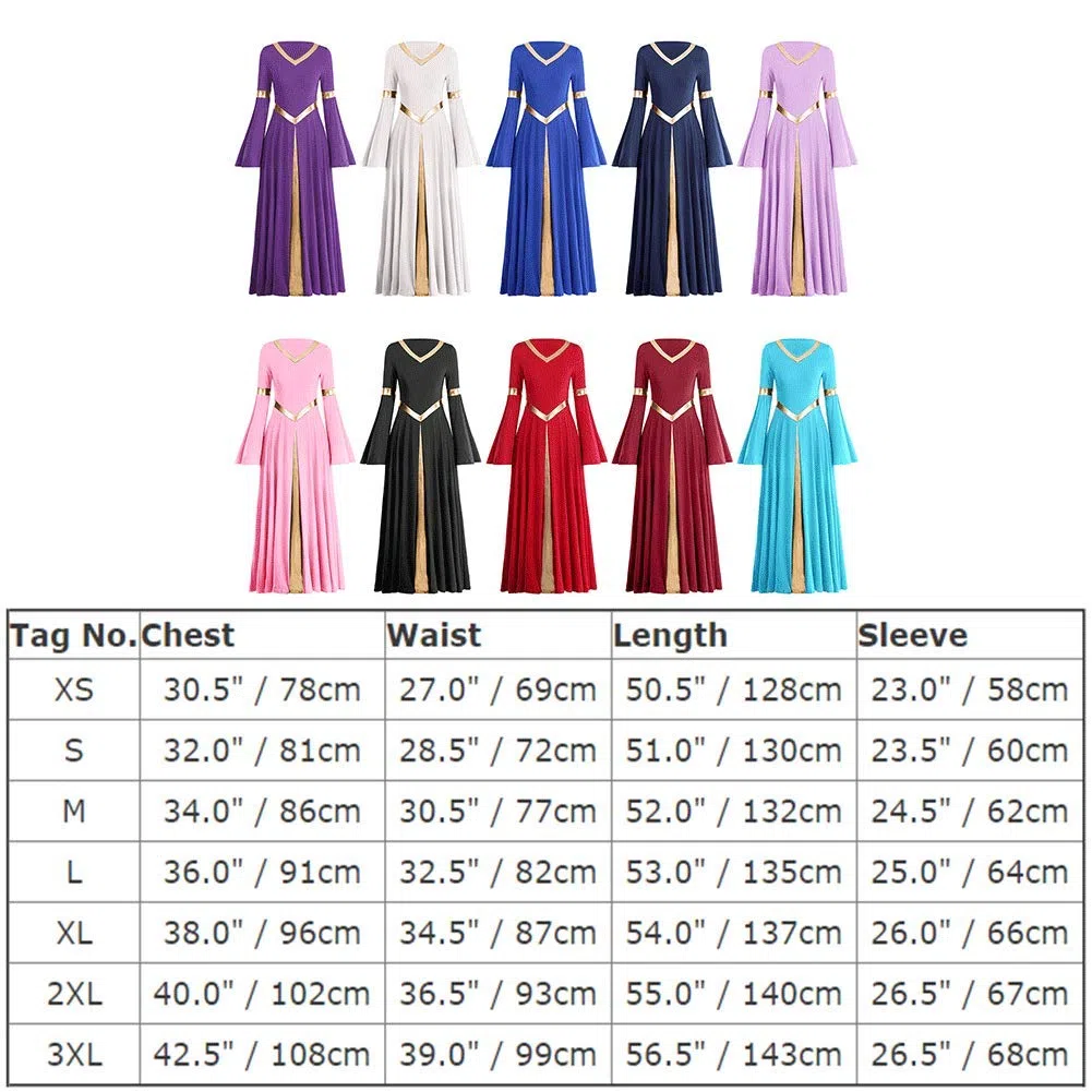 IMEKIS Women Liturgical Praise Dress Metallic Splice Lyrical Dance Dresses Long Sleeve V Neck Casual Pleated Swing Skirt Church Worship Prayer Gowns Ballroom Dancewear Costume