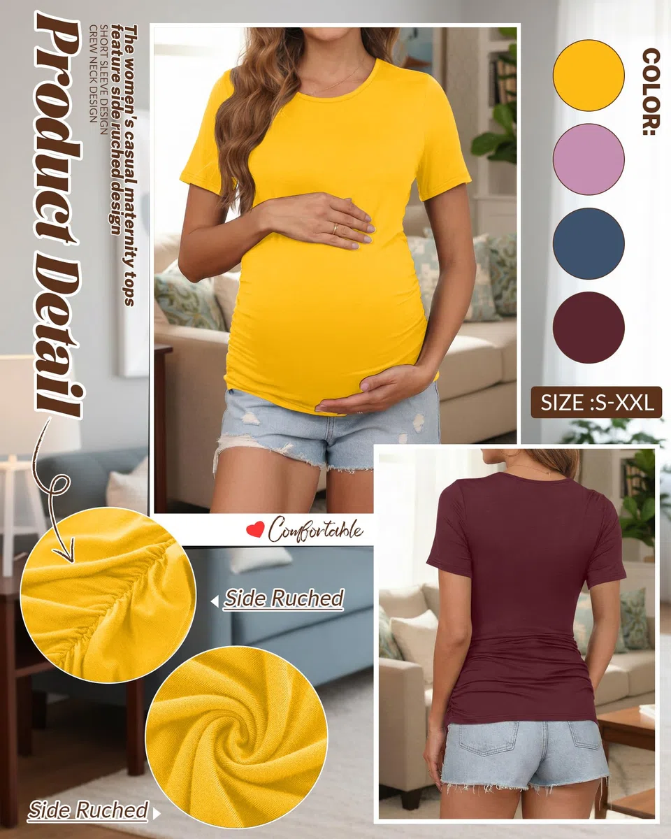 Geyoga Lot de 4 T-Shirts de Maternité pour Femme, à Manches Courtes, Col Rond, Coupe Décontractée avec Fronces sur Les Côtés