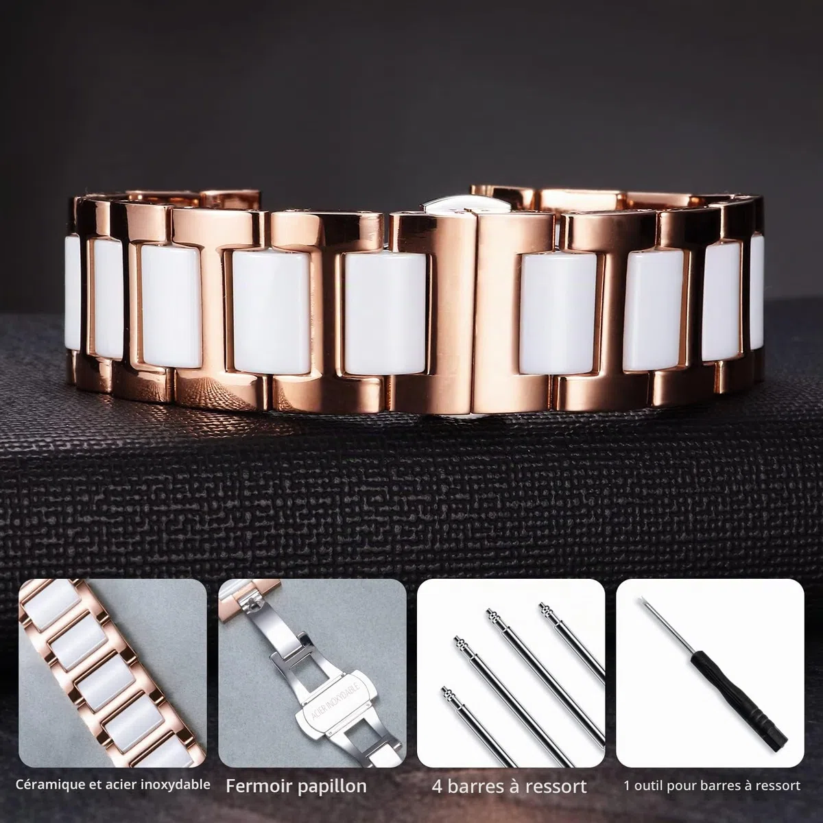 BINLUN Bracelet de Montre en Céramique avec en Acier Inoxydable Poli 12mm/14mm/16mm/18mm/20mm/22mm avec Boucle Papillon