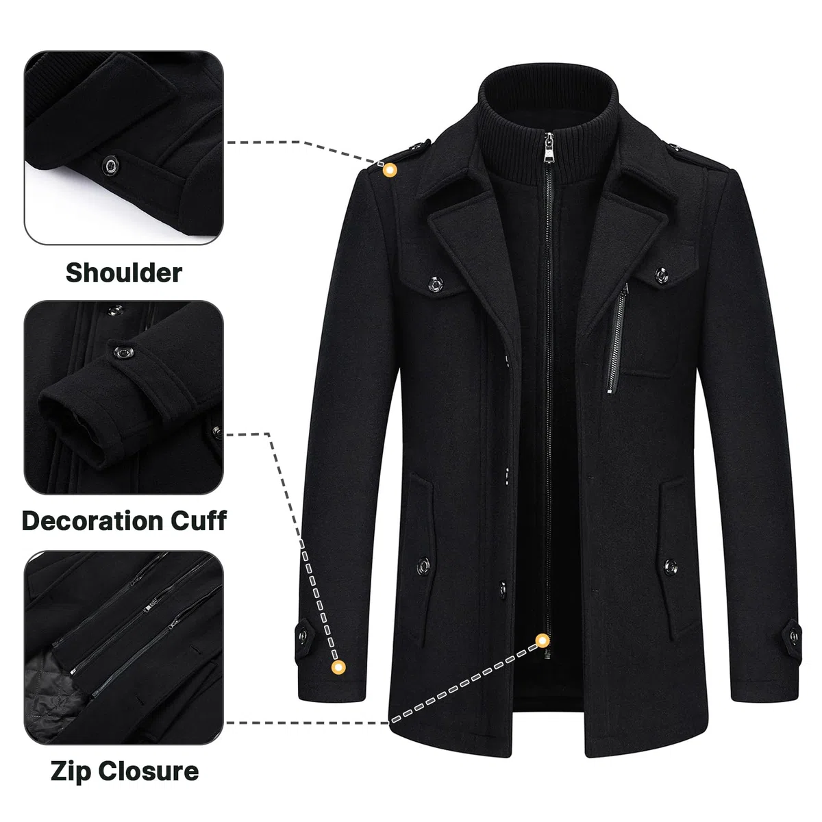KUDORO Manteau Homme Mi-Long en Laine Chaud pour Hiver Trench Coat Classique Parka Pardessus Caban Slim Fit Business Duffle-Coats Coup-Vent Revers Overcoat