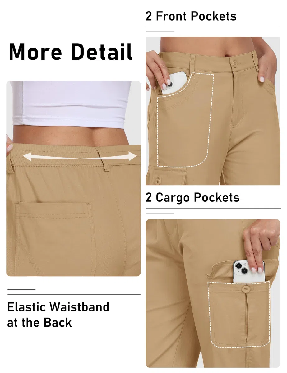 MoFiz Femme Cargo Pantalon Cotton Randonnée Capri Pants Taille Elastique Trekking Pantalon avec Poches