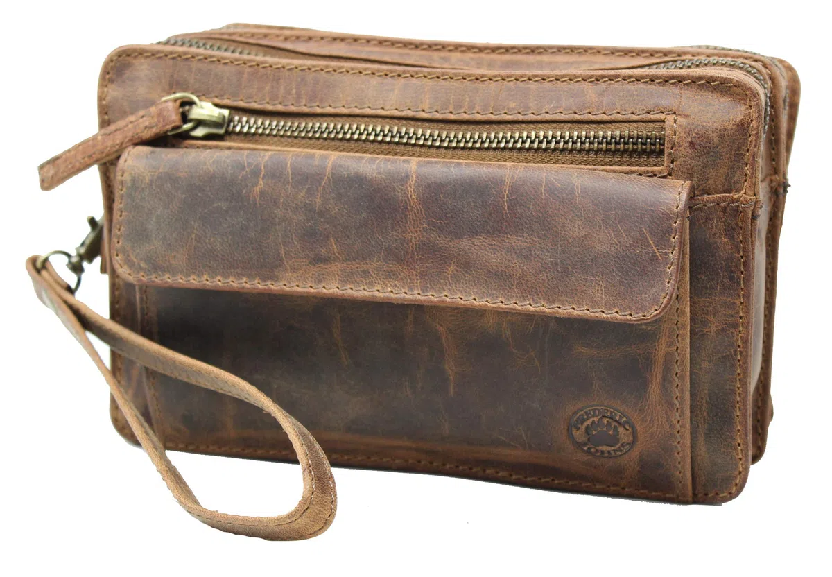 Frédéric Johns Sacoche vide poche cuir vintage homme - vide poches cuir véritable - sacoche vintage - sac dragonne main - sacoche porté main (Marron)
