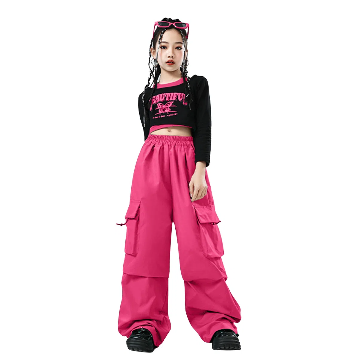 LOLANTA Ensemble Hip Hop Fille, Haut Court Imprimé & Pantalon Cargo, Tenue de Danse Tendance, Streetwear