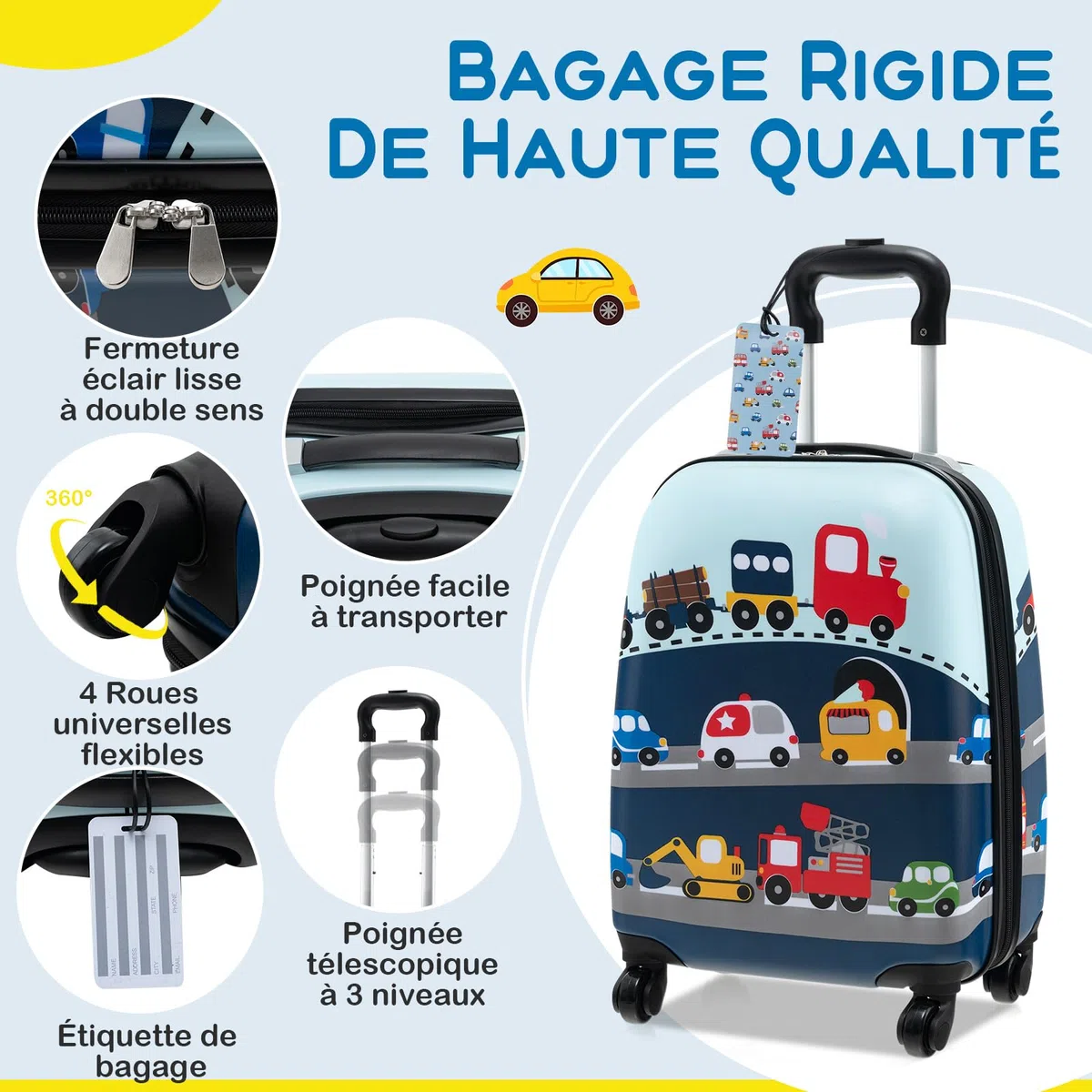 GOPLUS Valise Enfant 5 Pièces, Bagage à Main Rigide de 38cm, Sac à Dos de 33cm, Oreiller Cervical, Sac à Déjeuner Isolé, 3 Hauteur Réglable, Bagage à roulettes pour Garçon Fille 3+ Ans (Bleu)
