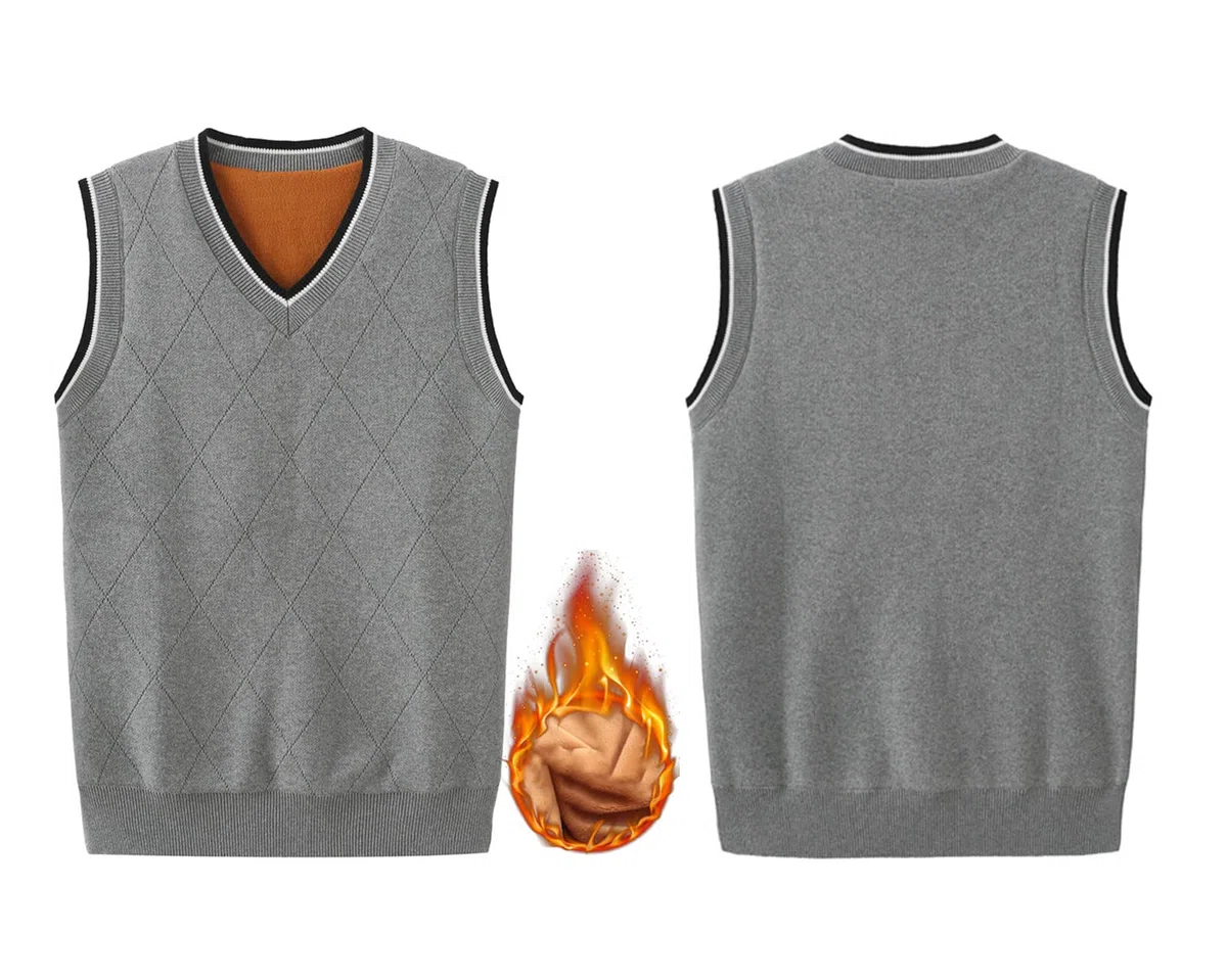 Pull sans Manches Homme Col V Gilet en Tricoté Casual Business Débardeurs Doublure Chaude
