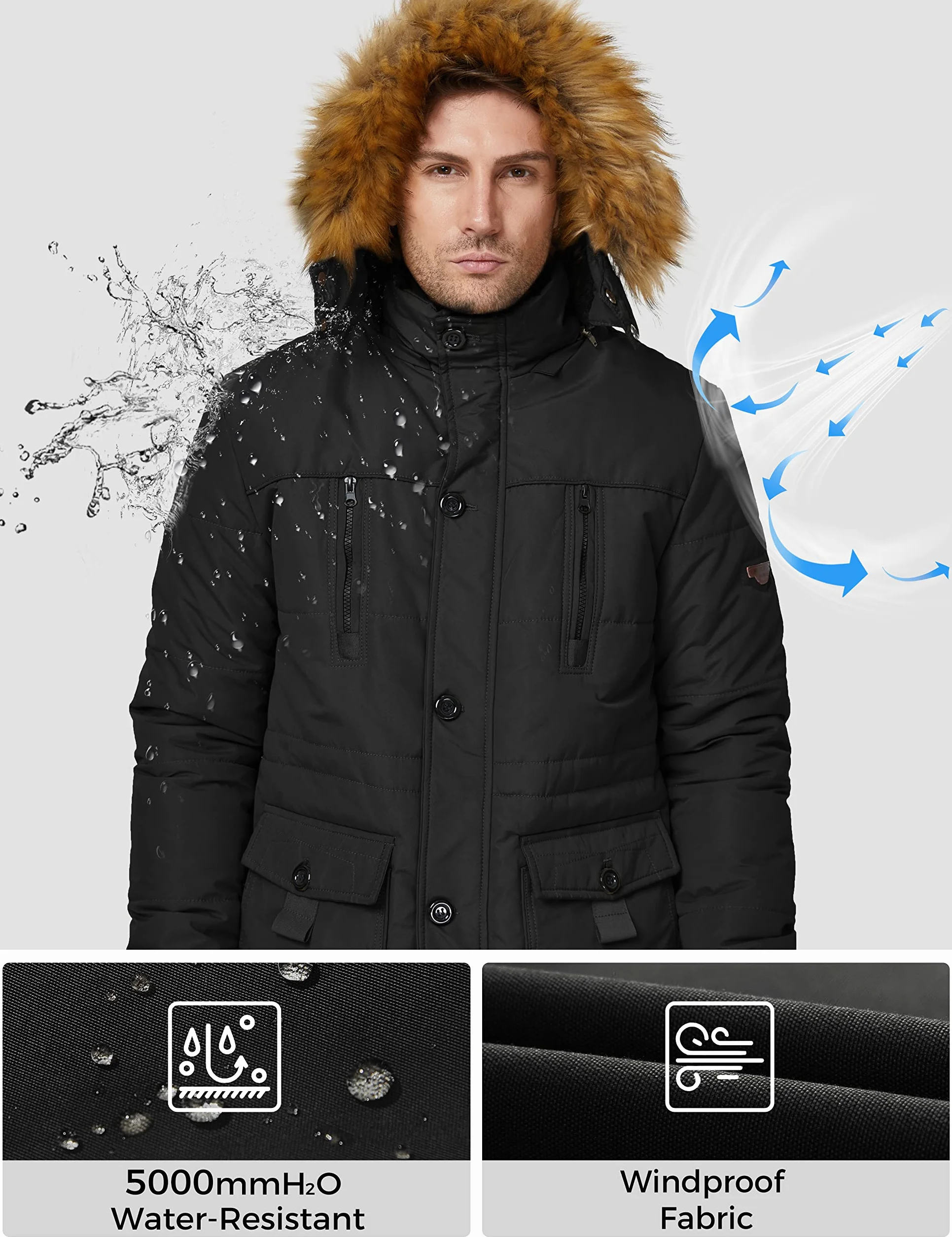 WenVen Homme Manteau d'hiver Décontracté en Molleton Veste d'Extérieur Classique en Coton Manteau à Capuche Fausse Fourrure Parka Coupe-Vent