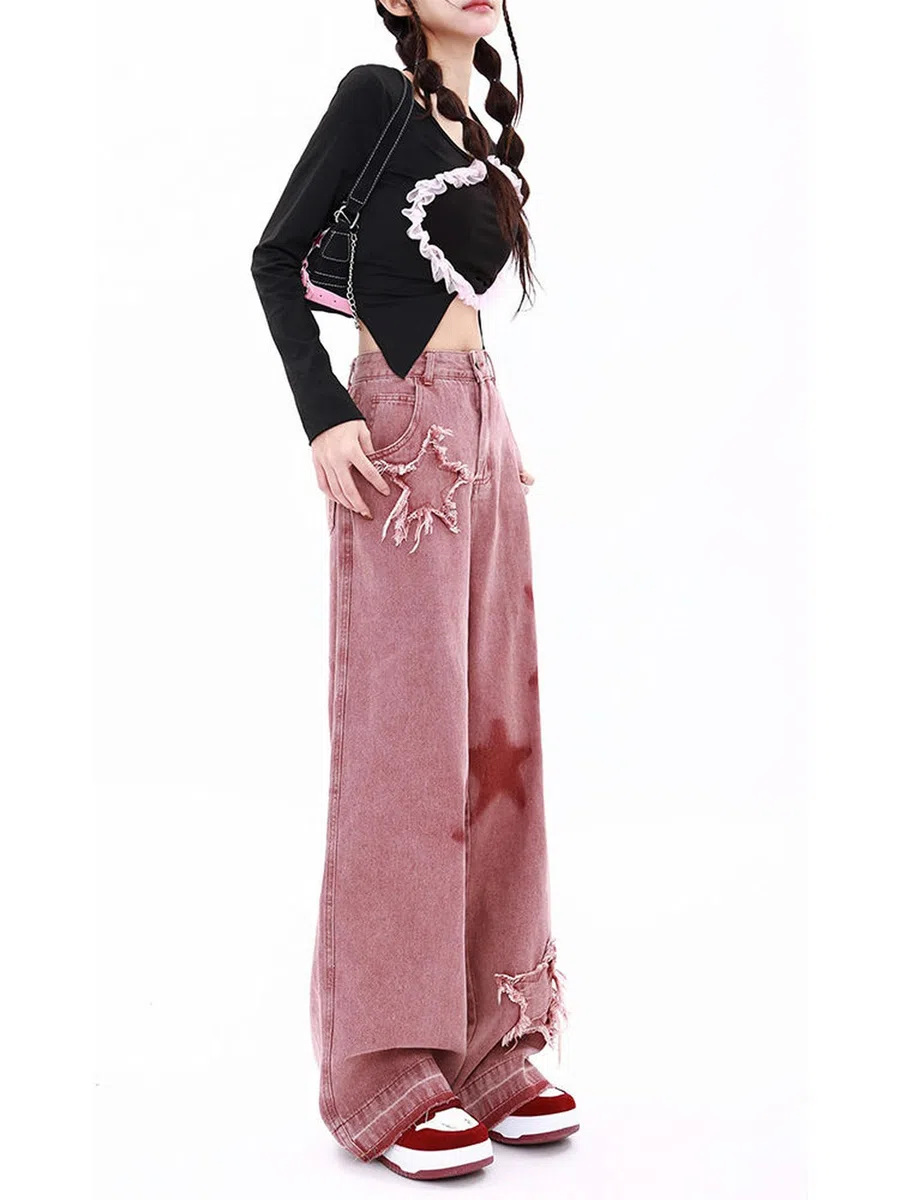 Automne Rose Jeans Femme High Street Rétro Étoile Brodé Doux Fille Style Pantalon Lâche Mode Pantalon Large Femme 2023-Rouge Rouille-M