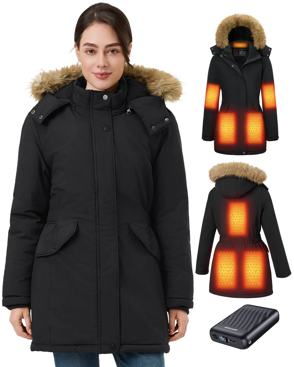 Veste Chauffante Femme Avec Batterie Incluse de 18400 Mah 12v, 8 Zones de Chauffage, Avec 3 Niveaux De Tempé,Parka longue,Manteau Hiver Femme chaud et imperméable à capuche amovible