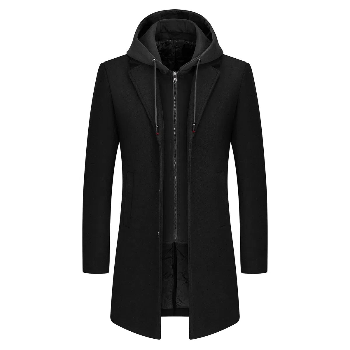 Manteau Homme en Laine à Capuche Amovible Chaud Long Trench-Coat pour Hiver Caban Parka Homme Slim Fit