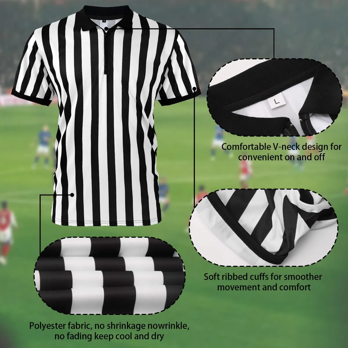 Mens Official Umpire Jersey Stripe Overturned Collar Ref Uniform Referee Shirt for Basketball Football Soccer