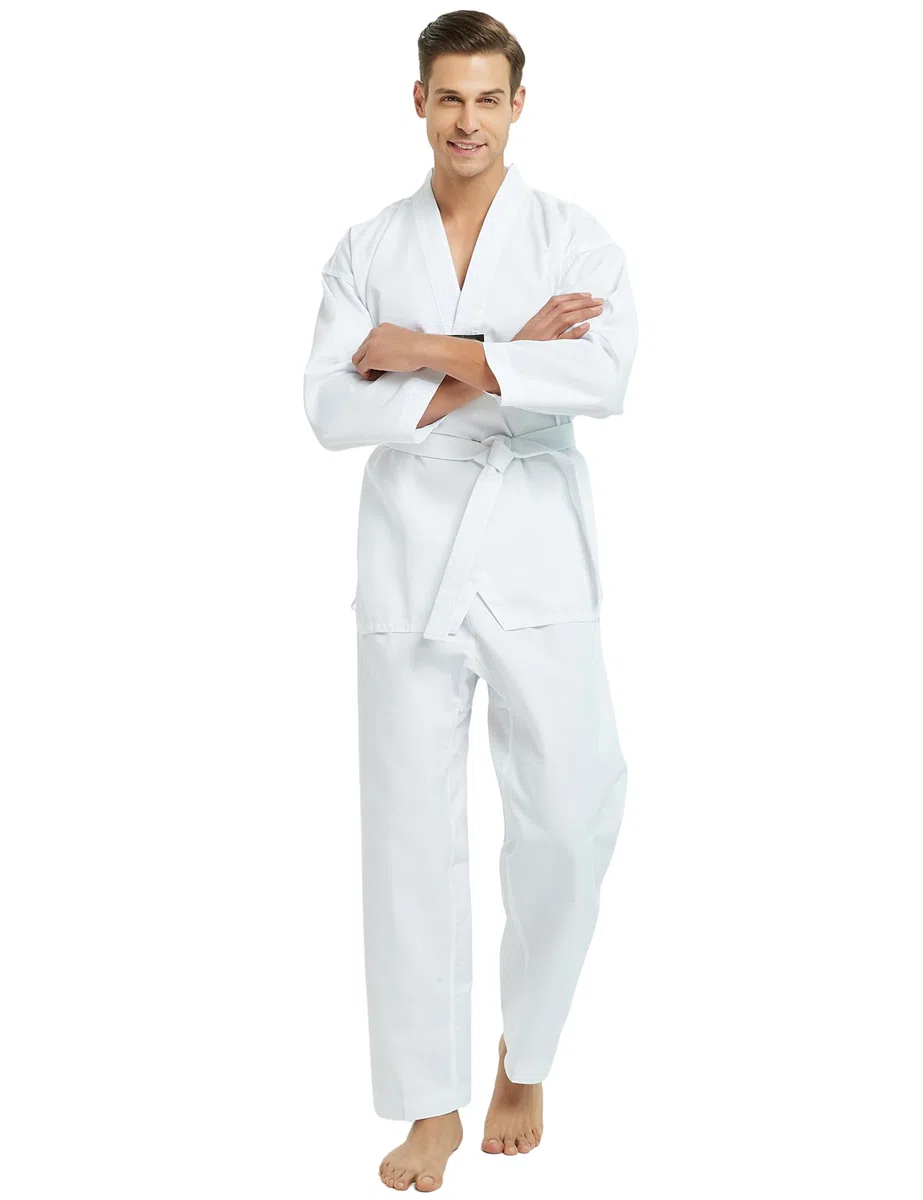 TOPTIE Uniforme de Taekwondo à col en V pour Enfants et Adultes, Uniforme d'étudiant TKD Dobok, Uniforme d'arts Martiaux avec Ceinture