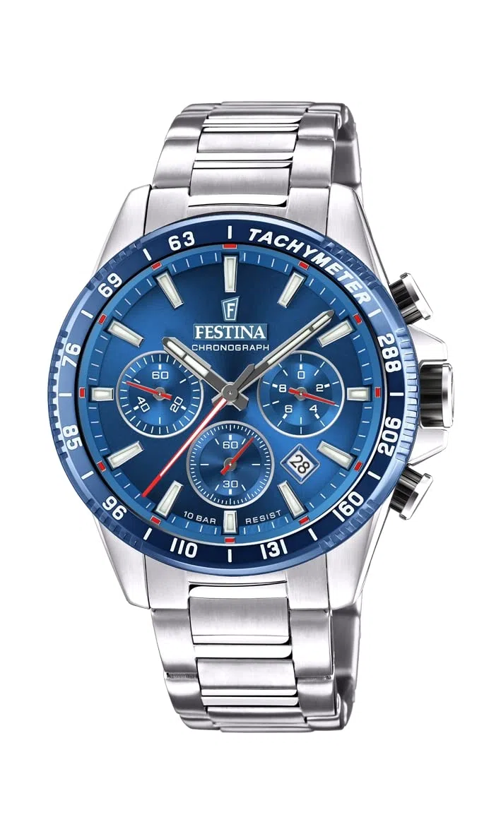 Festina Montre Homme Analogique en Acier Inoxydable 316L - Mouvement Quartz - Chronographe - Calendrier - Verre Minéral Haute Résistance - Étanche 10 ATM F20560 Timeless Chronograph
