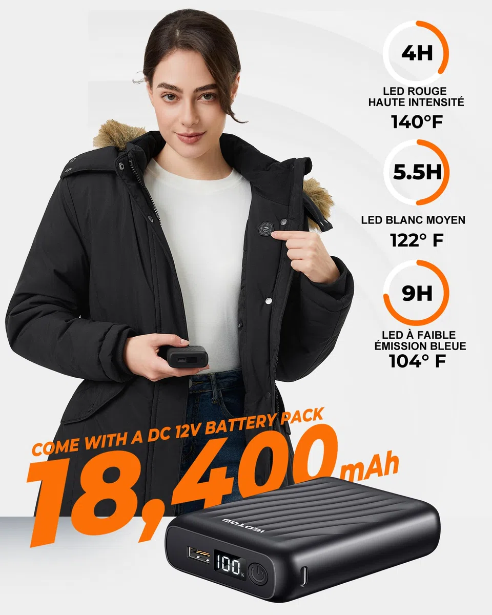 Veste Chauffante Femme Avec Batterie Incluse de 18400 Mah 12v, 8 Zones de Chauffage, Avec 3 Niveaux De Tempé,Parka longue,Manteau Hiver Femme chaud et imperméable à capuche amovible