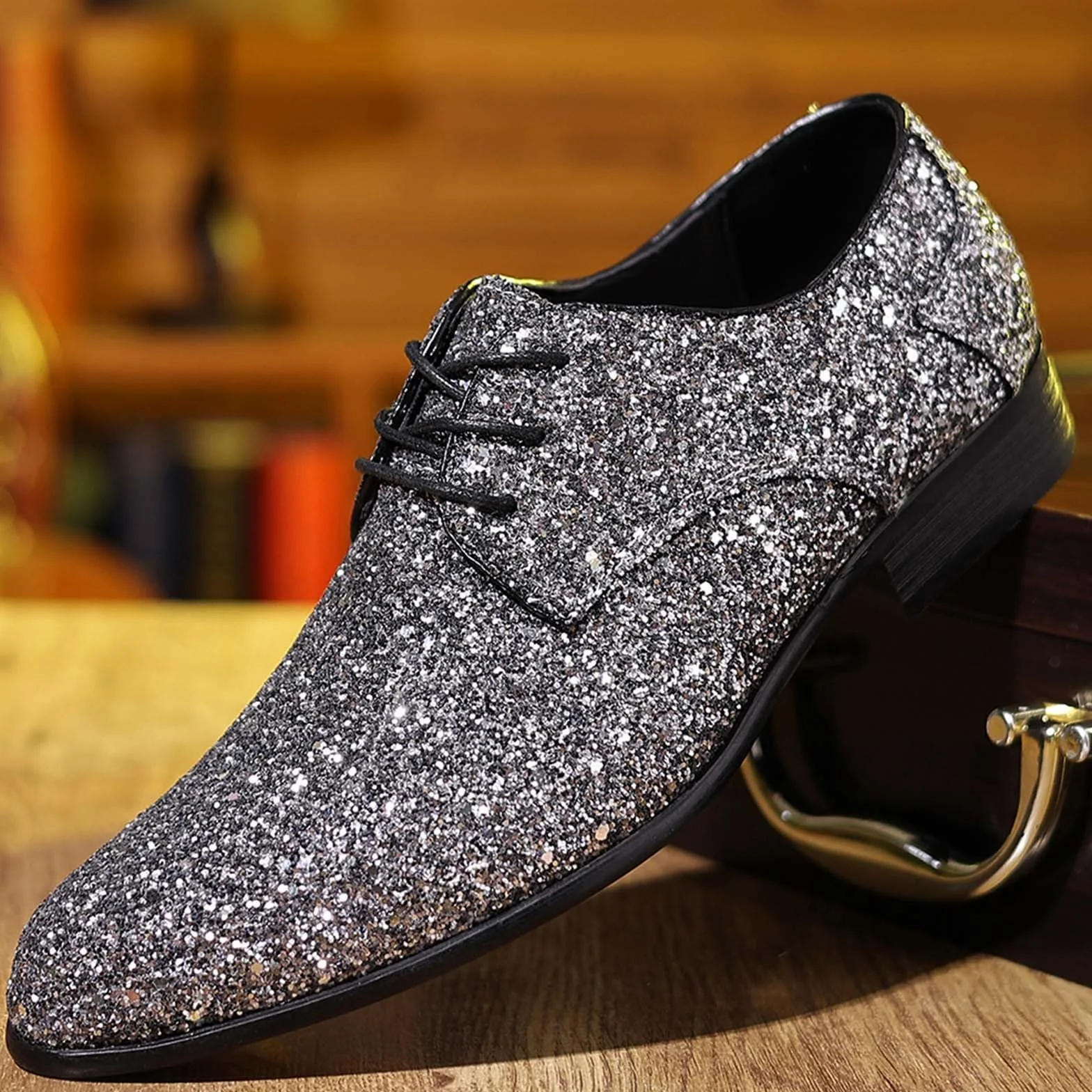Chaussure Homme Ville en Paillettes Brillante, Chaussures Oxfords pour Hommes à Lacets, Bout Pointu, Richelieu Derbies Homme, Chaussure Costume Élégant | pour Soirée, Mariage, Cérémonie, Fête et Scène