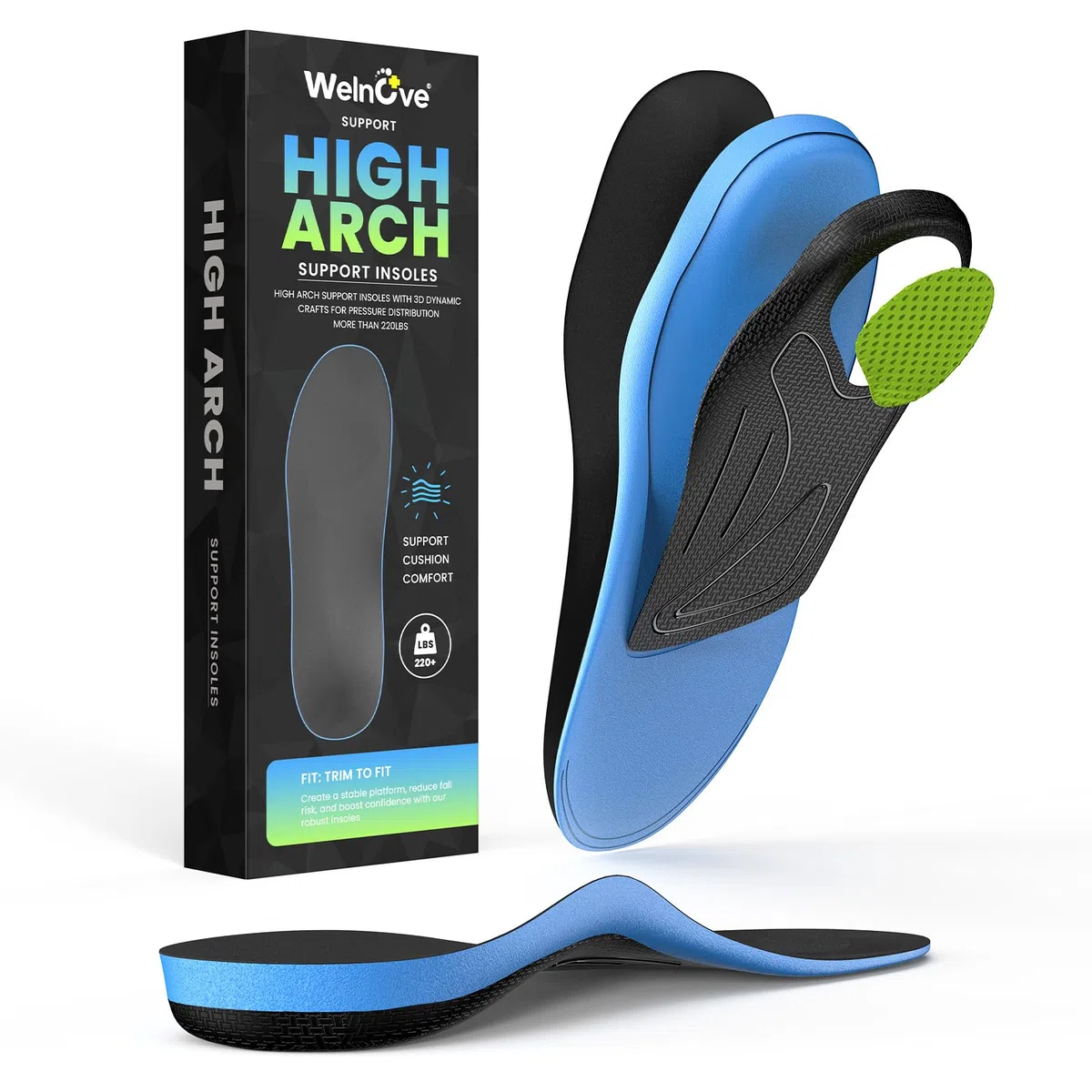 Welnove Semelles Orthopédiques Pieds Creux - Soutien Voûte Plantaire Homme/Femme - Sport, Randonnée - Anti-Fatigue & Respirant,Bleu (S)