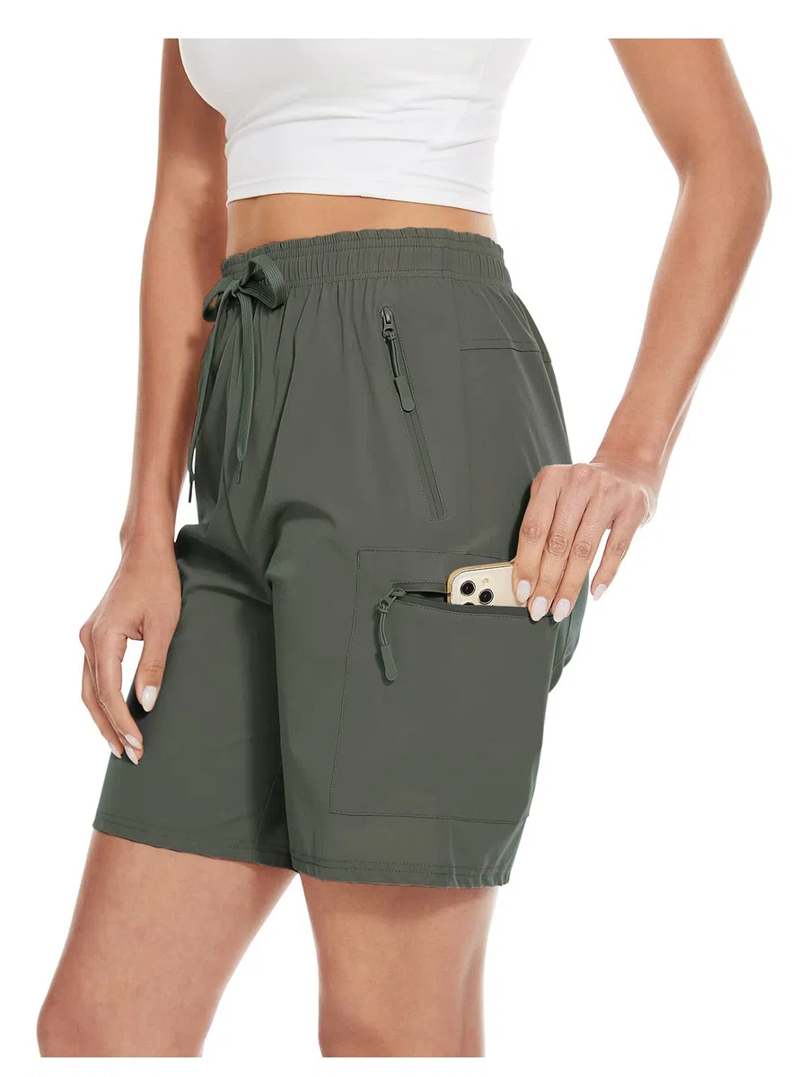 BATHRINS Léger Short Cargo Femme, Imperméable Bermuda Femmes Sport Cargo Taille Haute Short pour Randonnée Golf Loisir Safari Extérieur avec Multi-Poches Zippées