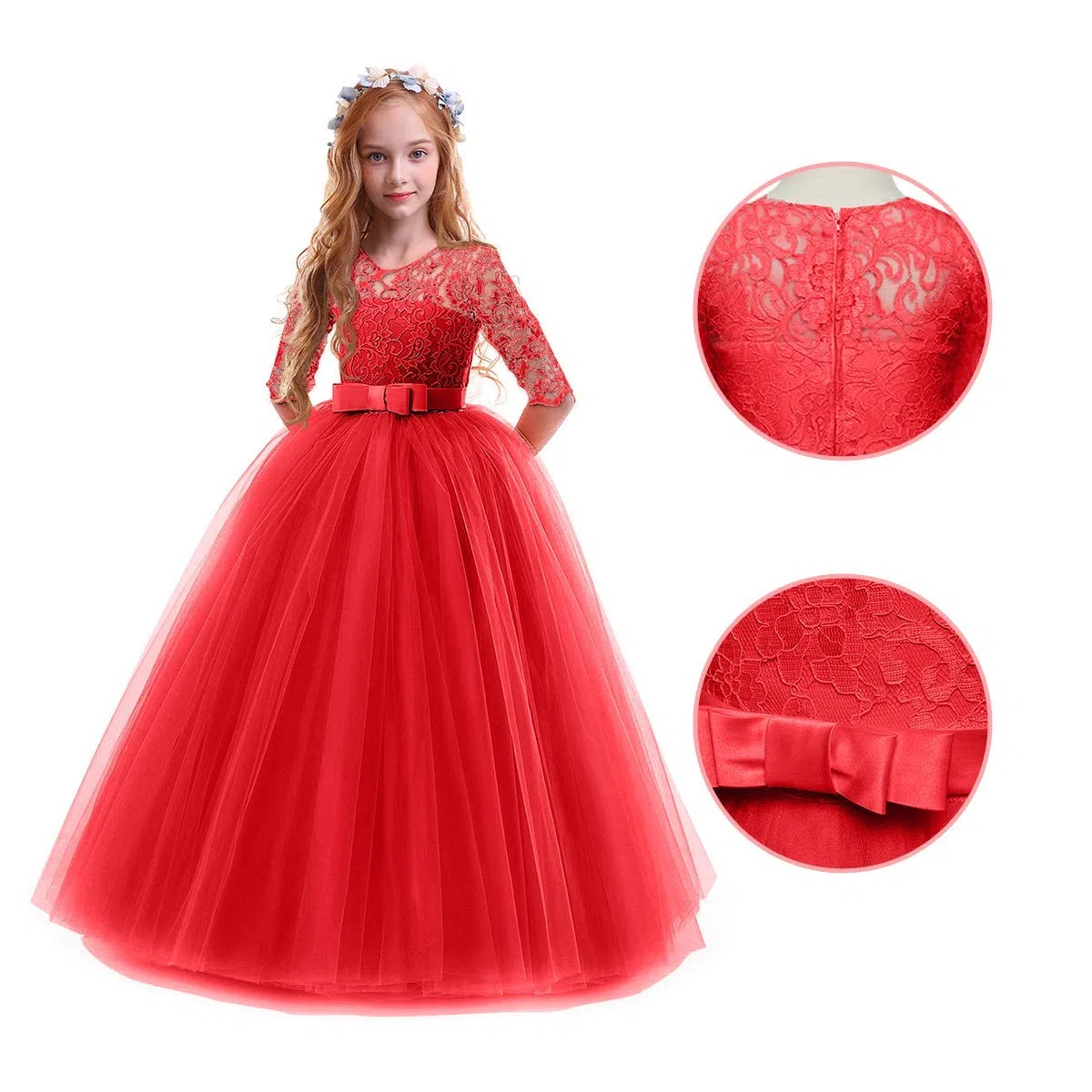 IWEMEK Enfants Fille Robe de Carnaval Princesse Longue en Dentelle avec Bowknot Demoiselle d'honneur Robe de Soirée Mariage Robe de Première Communion Anniversaire Fête Photographie 2-14 Ans