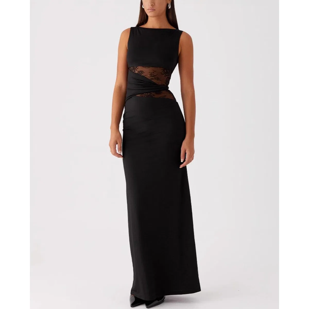 Robe Femme Sexy sans Manches Robes Longue Moulante à Col Rond Maxi Robe Transparente Dentelle Patchwork Robes de Cocktail Chic et Elégant Bodycon pour Clubbing Prom Fête Mariage Invité