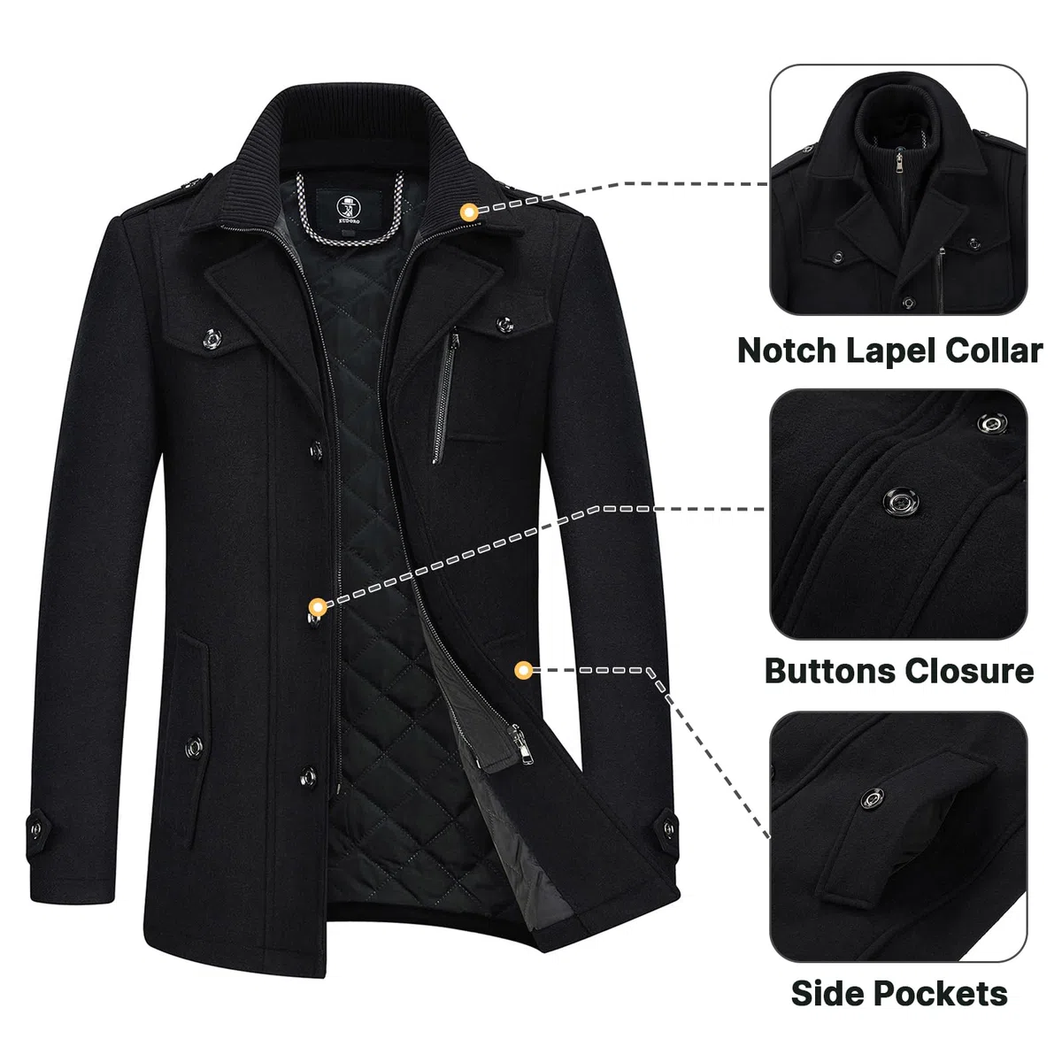 KUDORO Manteau Homme Mi-Long en Laine Chaud pour Hiver Trench Coat Classique Parka Pardessus Caban Slim Fit Business Duffle-Coats Coup-Vent Revers Overcoat