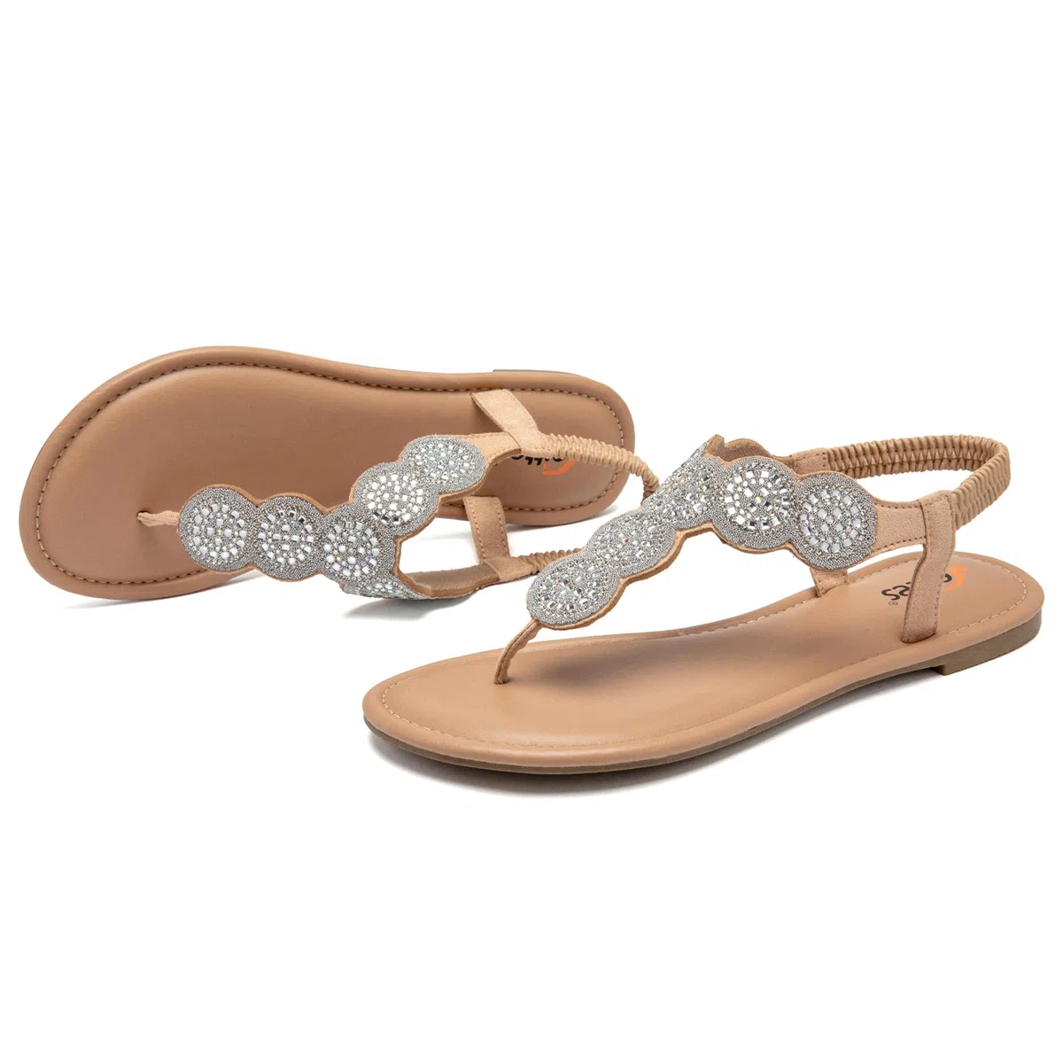 Veittes sandales boho plates pour femmes -Sandales élégantes et confortables à bride élastique arrière, à sabot ouvert sandales tong d’été avec strass et sangle de cheville