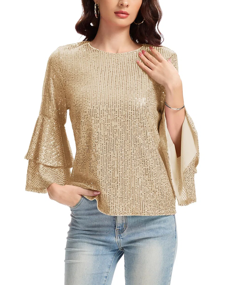 Haut à paillettes pour femme - Manches longues - Col rond - Pour les loisirs, les fêtes, les festivals