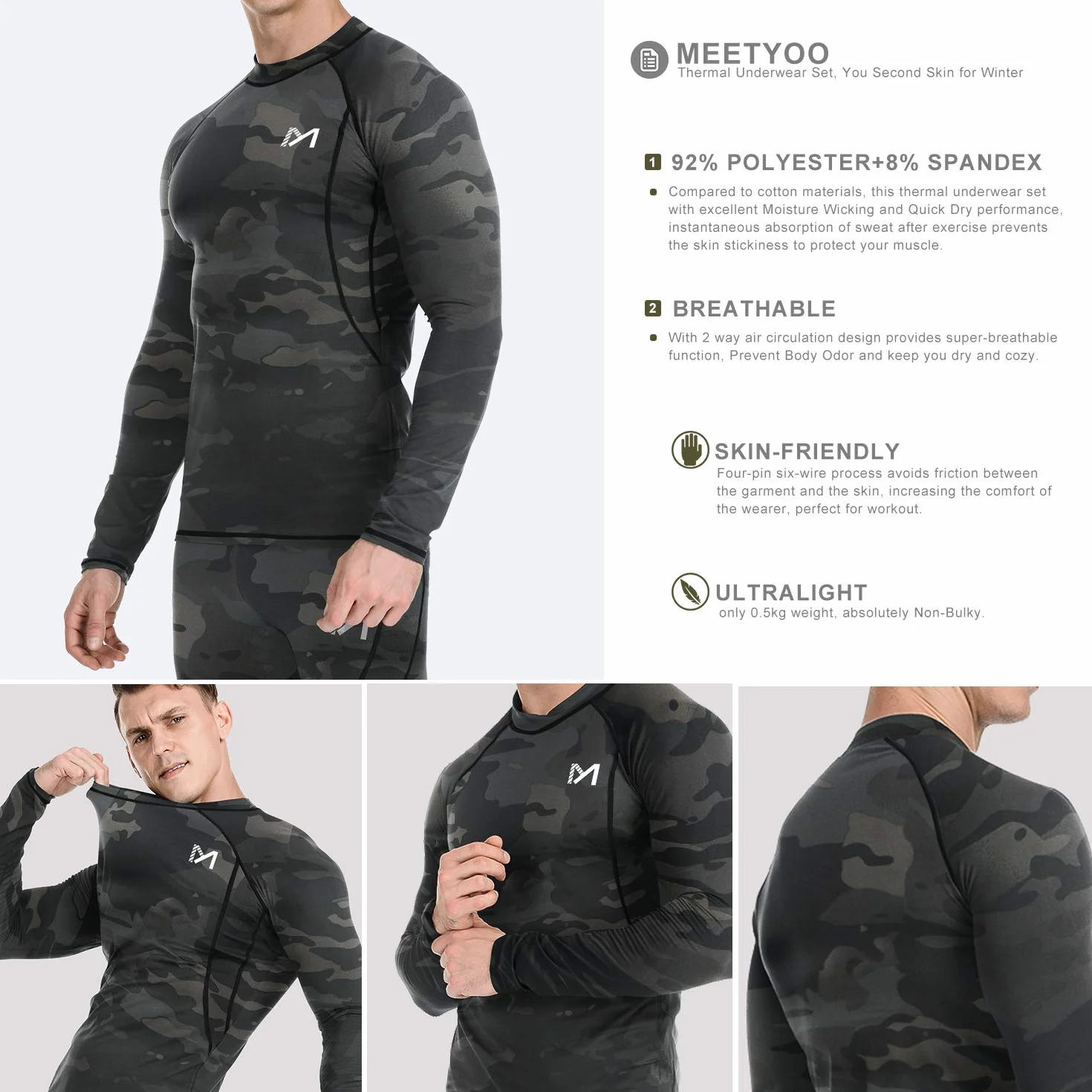 MEETYOO Ensemble de sous-Vêtements Thermiques Homme, Sport Base Layer Maillot Manches Longues + Pantalon Quick Dry Sou Vetement pour L'entraînement Ski Running Randonnée
