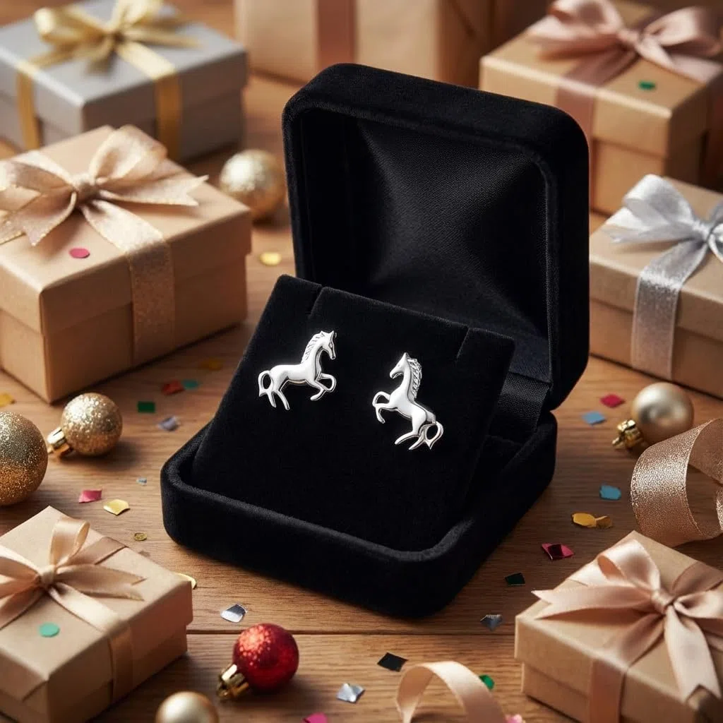 Pendentif avec chaîne et boucles d'oreilles pour enfant en argent 925 - Cheval poney - Dans un étui à bijoux