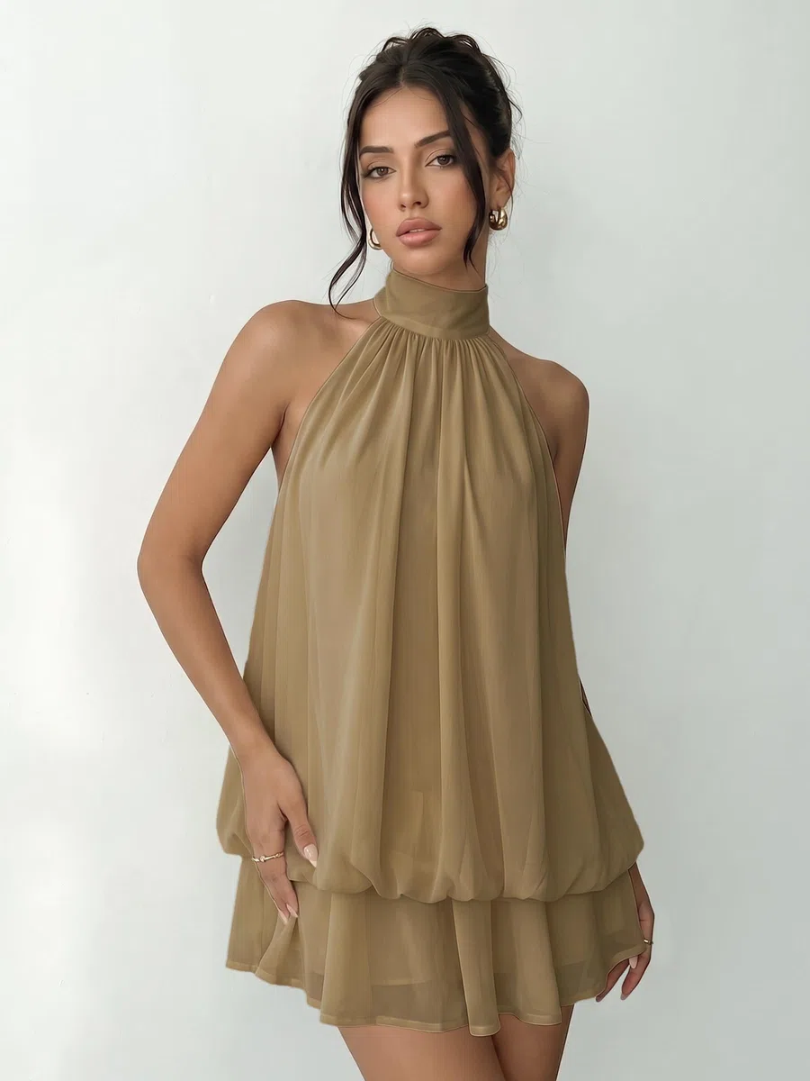 Robe Femme Chic et Elegant Été Robes Courte Ample Col Halter sans Manches Sexy Mini Robe Dos Nu à Nouer Casual Robes en Mousseline Volants Fluide Dresses pour Soirée Clubbing Plage Vacances