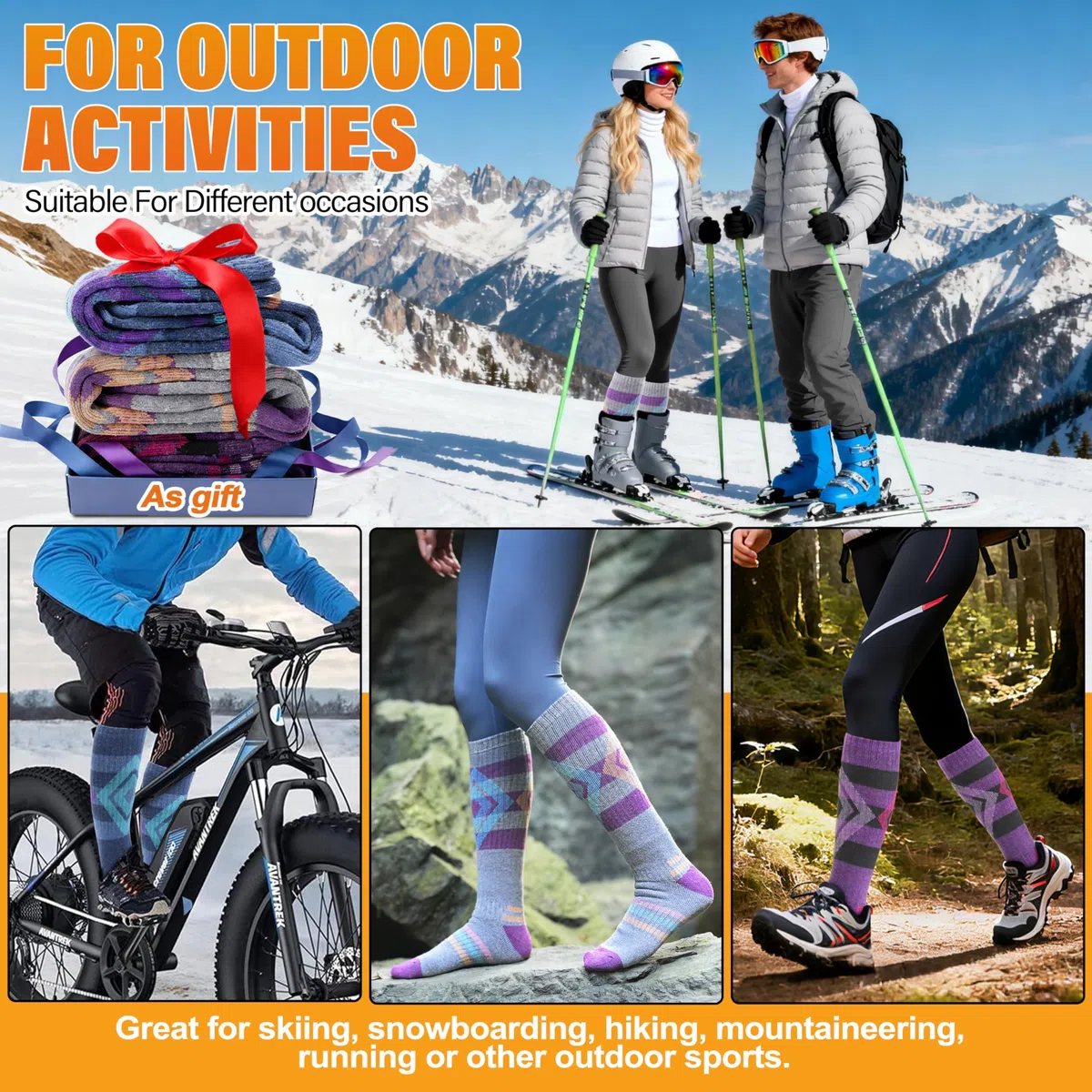 Welwoos Chaussettes de ski en laine mérinos, thermiques, épaisses, de compression, respirantes, en 3 paires.