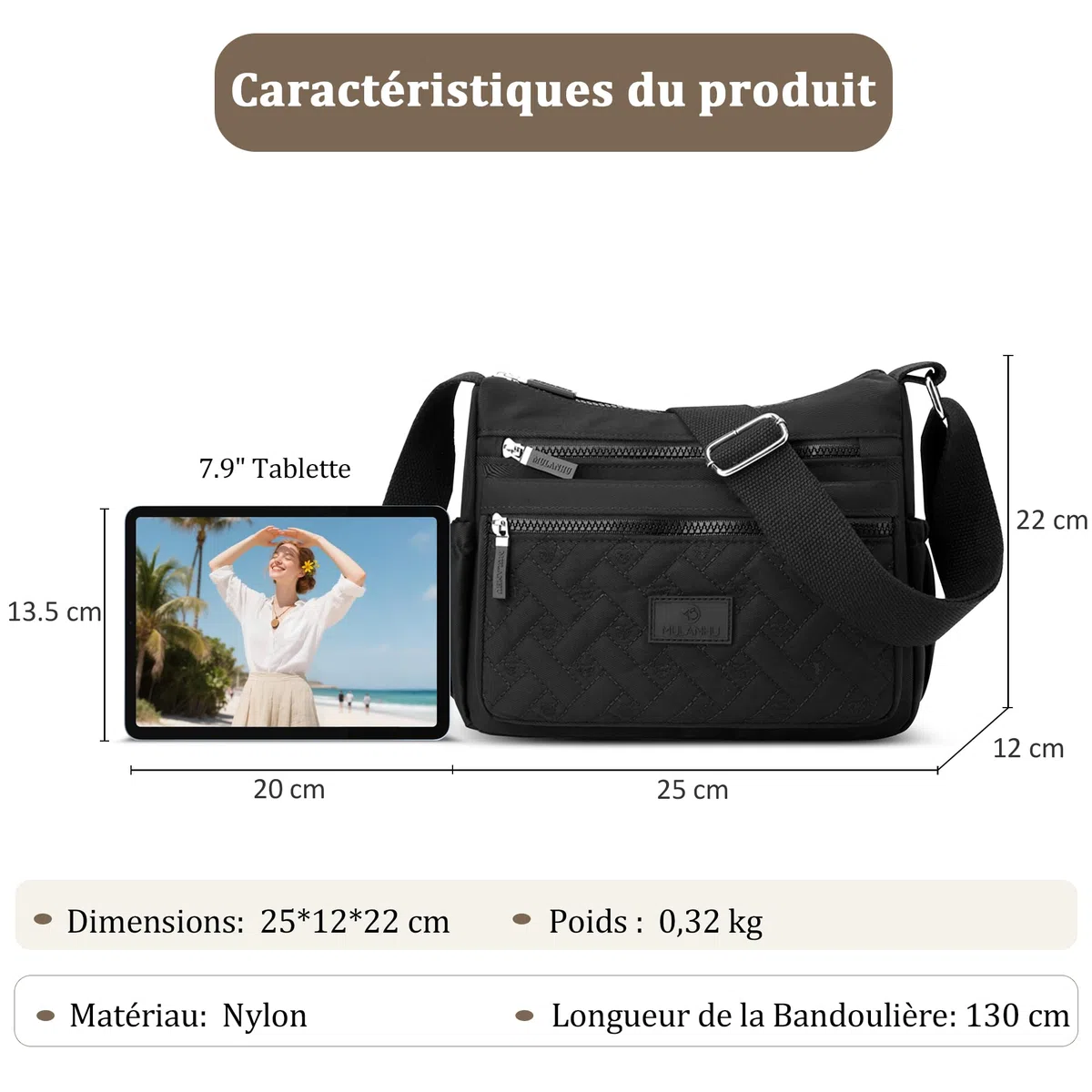 Femme Sac Bandoulière Multi-poches Sac Messenger Léger Résistant Polyester Sac à bandoulière pour Randonnée Voyages Noir