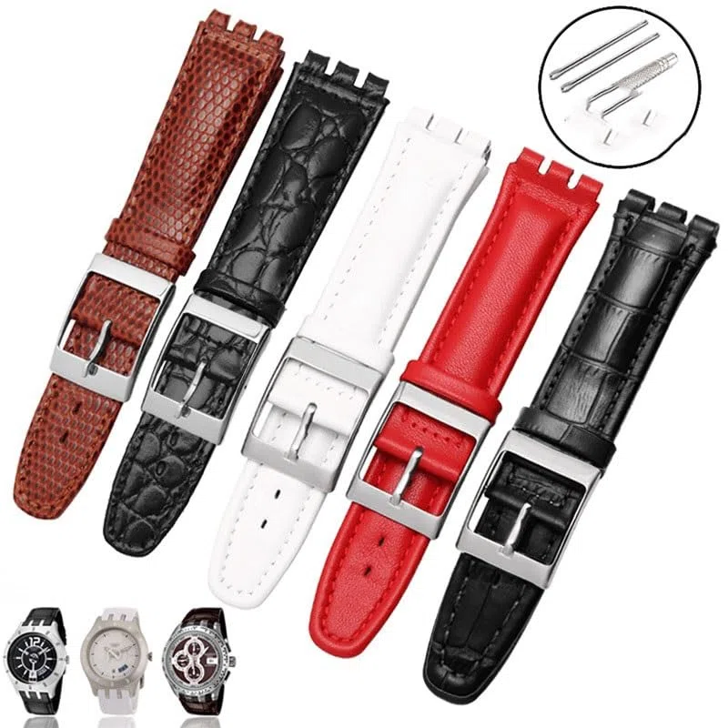 Bracelets de montre en cuir pour montre SWATCH YRS avec chaîne et boucle concave-convexe(Black b,17mm)