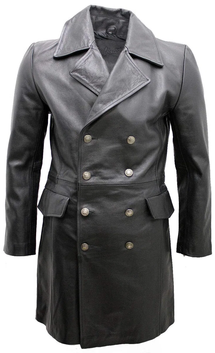 Infinity Hommes Général Longue Noir Manteau de Cuir Naval Allemand